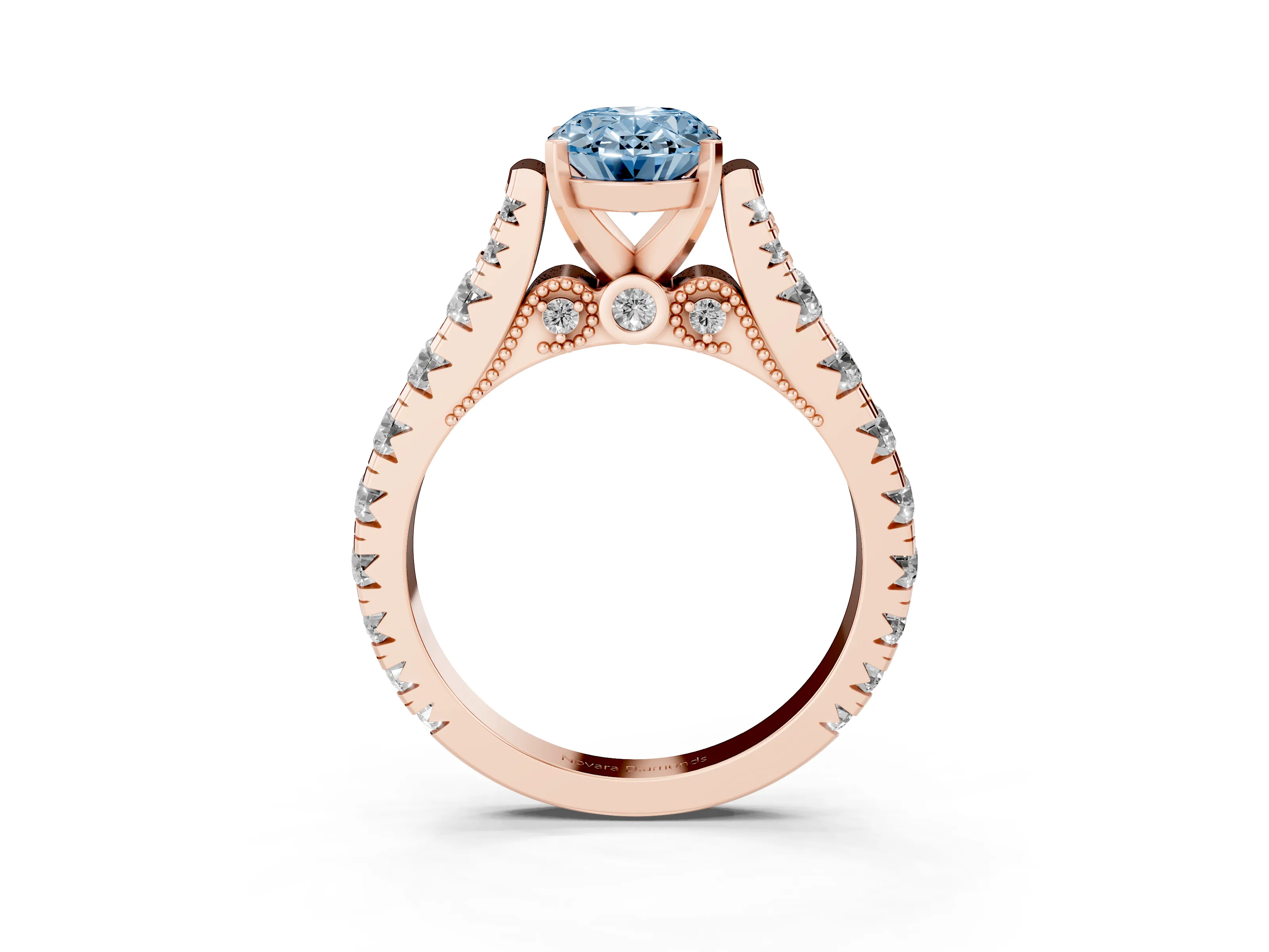 Fancy Blue Oval Cut Diamond Classic Solitaire Ring Set in Rose gold with Pavé Band and Prong Setting