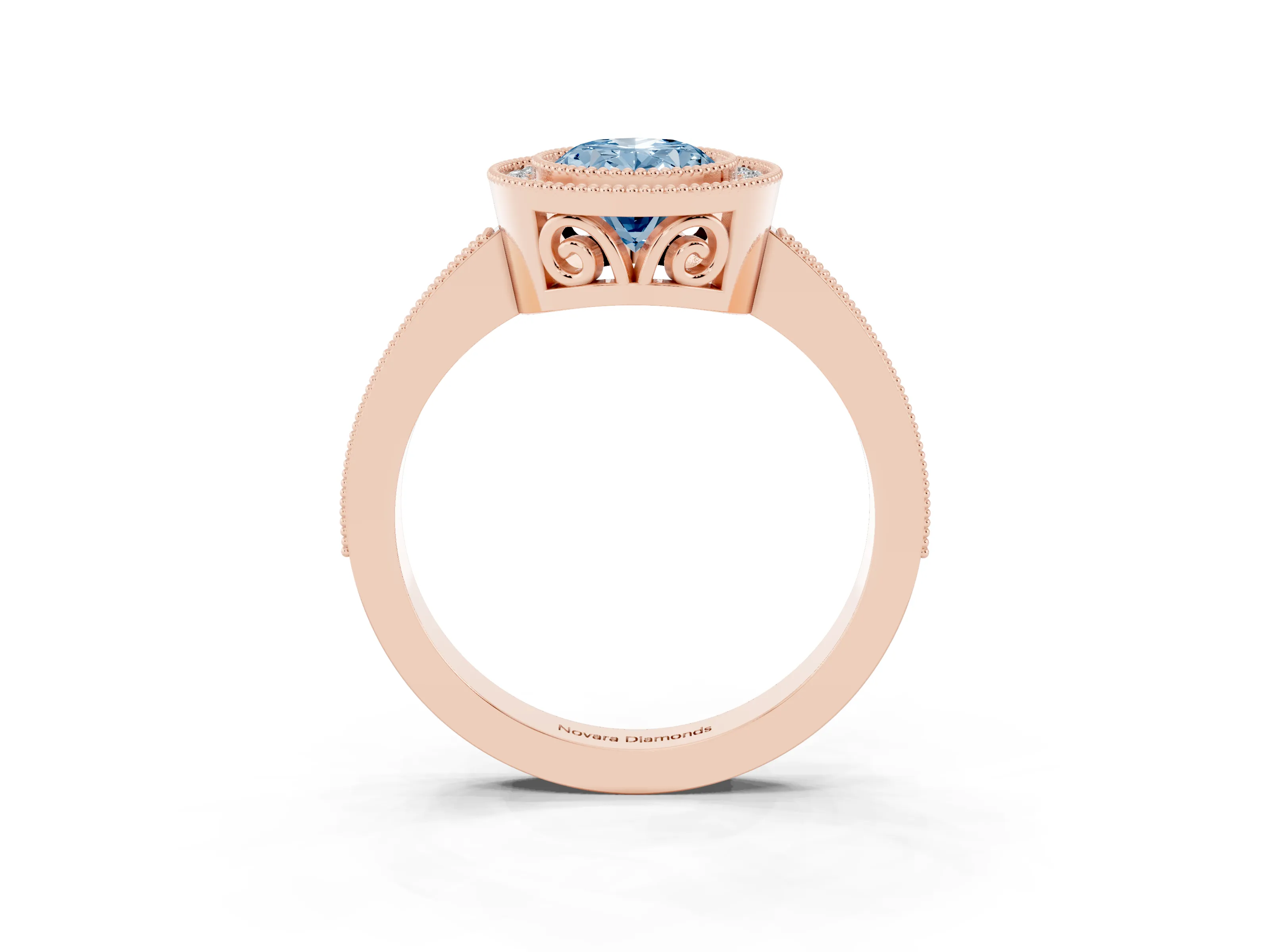 Fancy Blue Oval Cut Diamond Halo Ring Set in Rose gold with Pavé Band and Milgrain-Edged Prongs