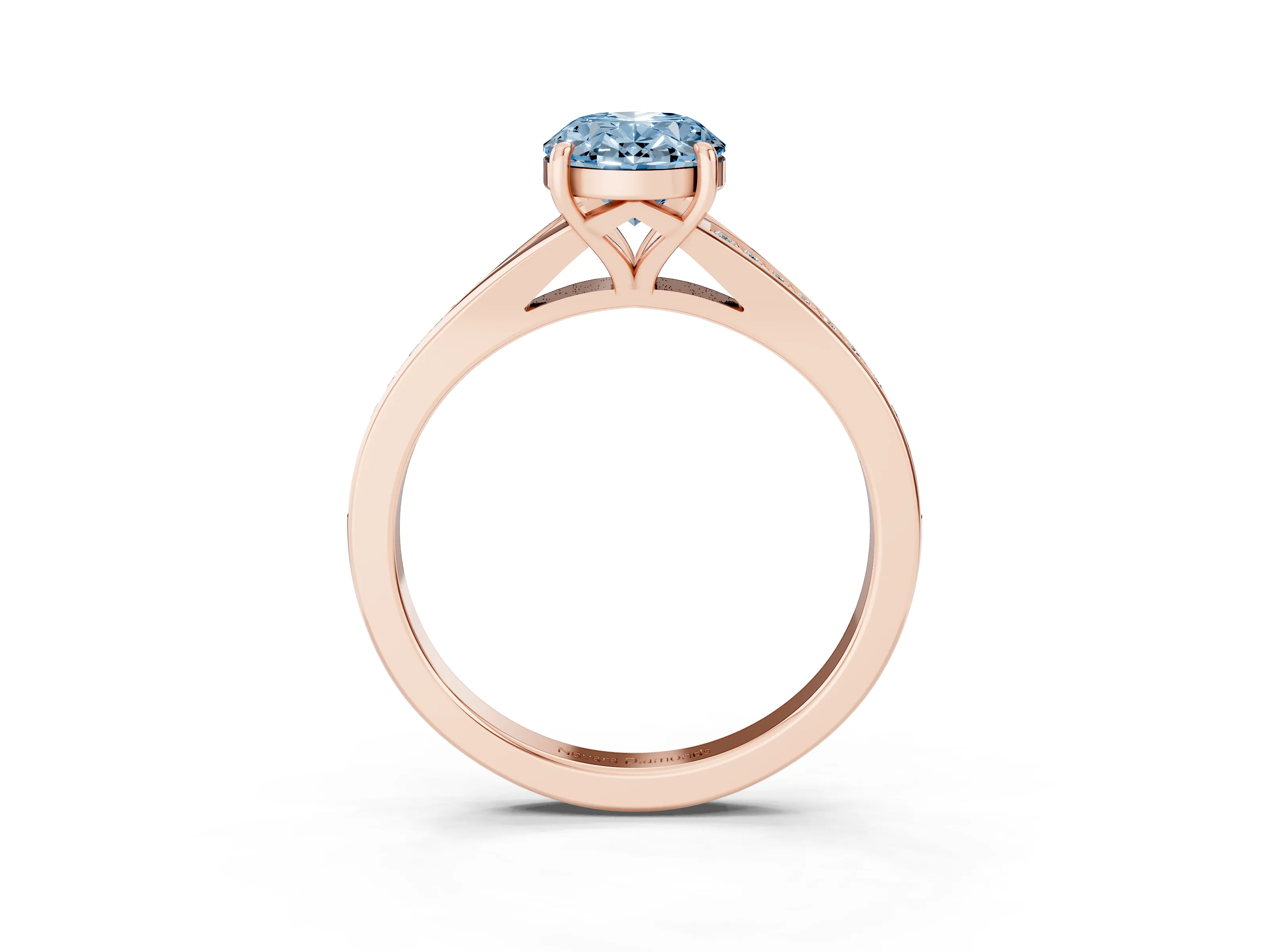 Fancy Blue Oval Cut Diamond Solitaire Ring Set in Rose gold with Pavé Accent Band and Classic Prong Setting