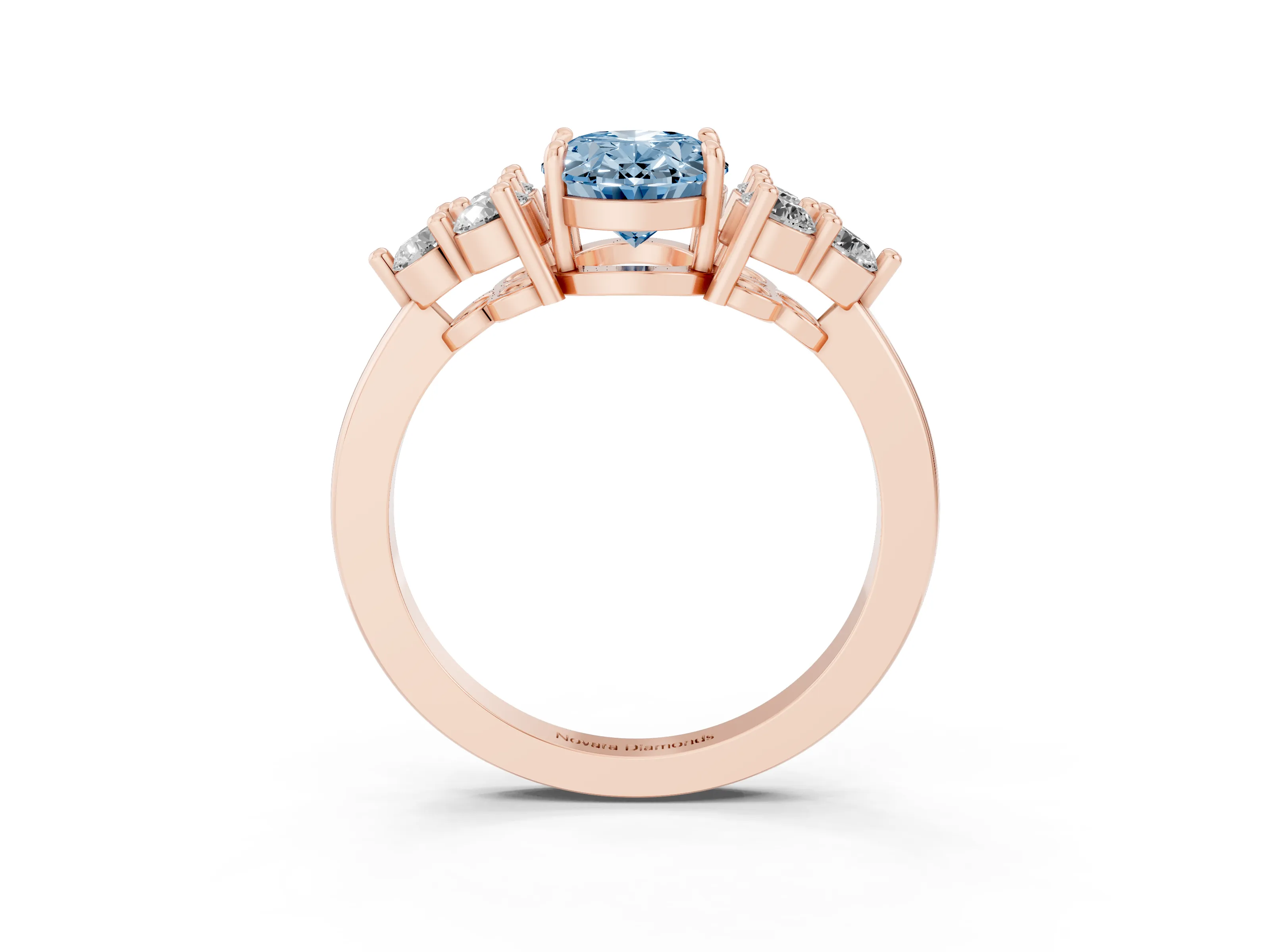 Fancy Blue Oval Cut Diamond Solitaire Ring Set in Rose gold with Cluster Accents on Each Side