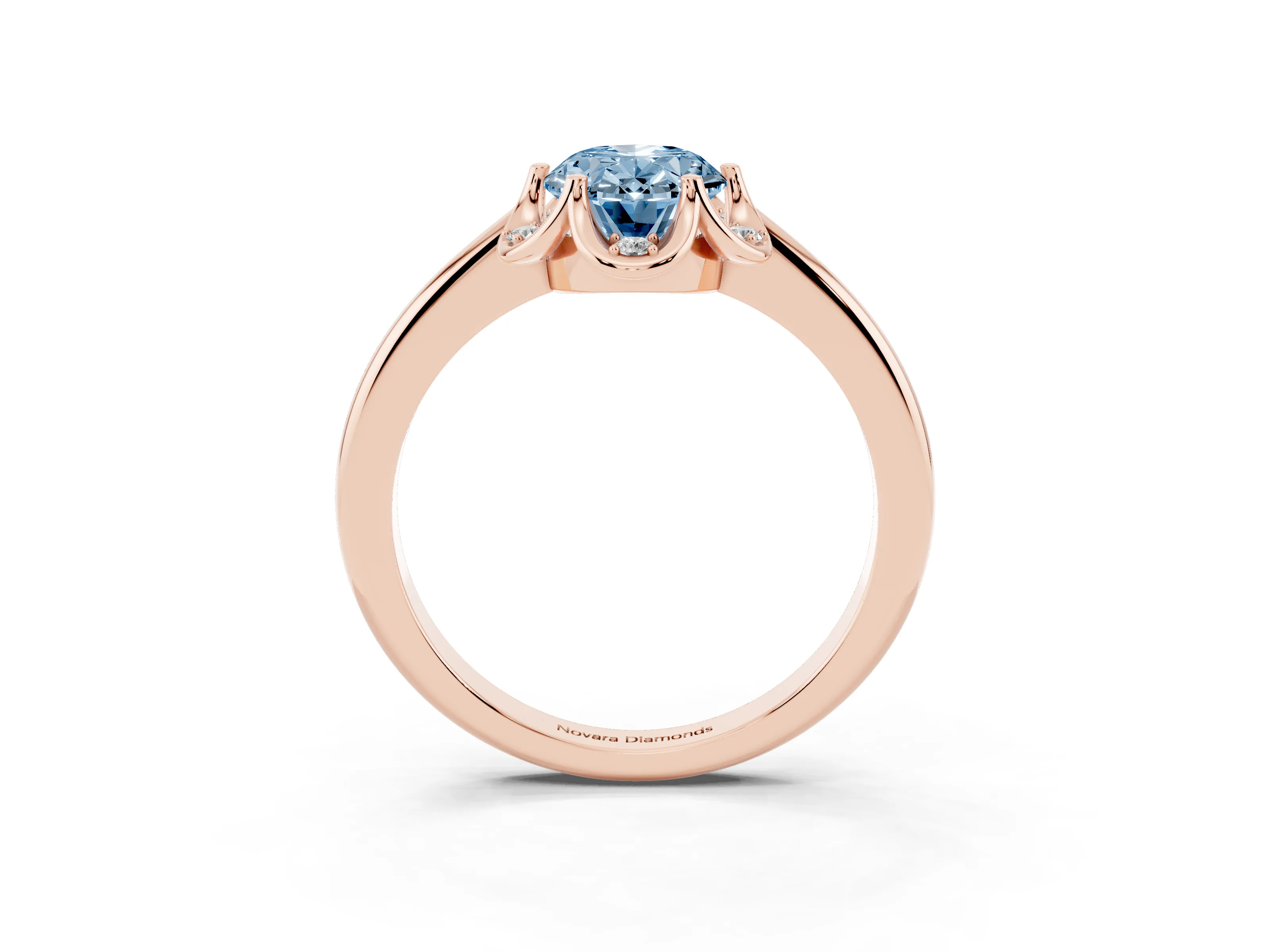 Fancy Blue Oval Cut Diamond Round Cluster Halo Ring Set in Rose gold with Solitaire Band and Prong Setting