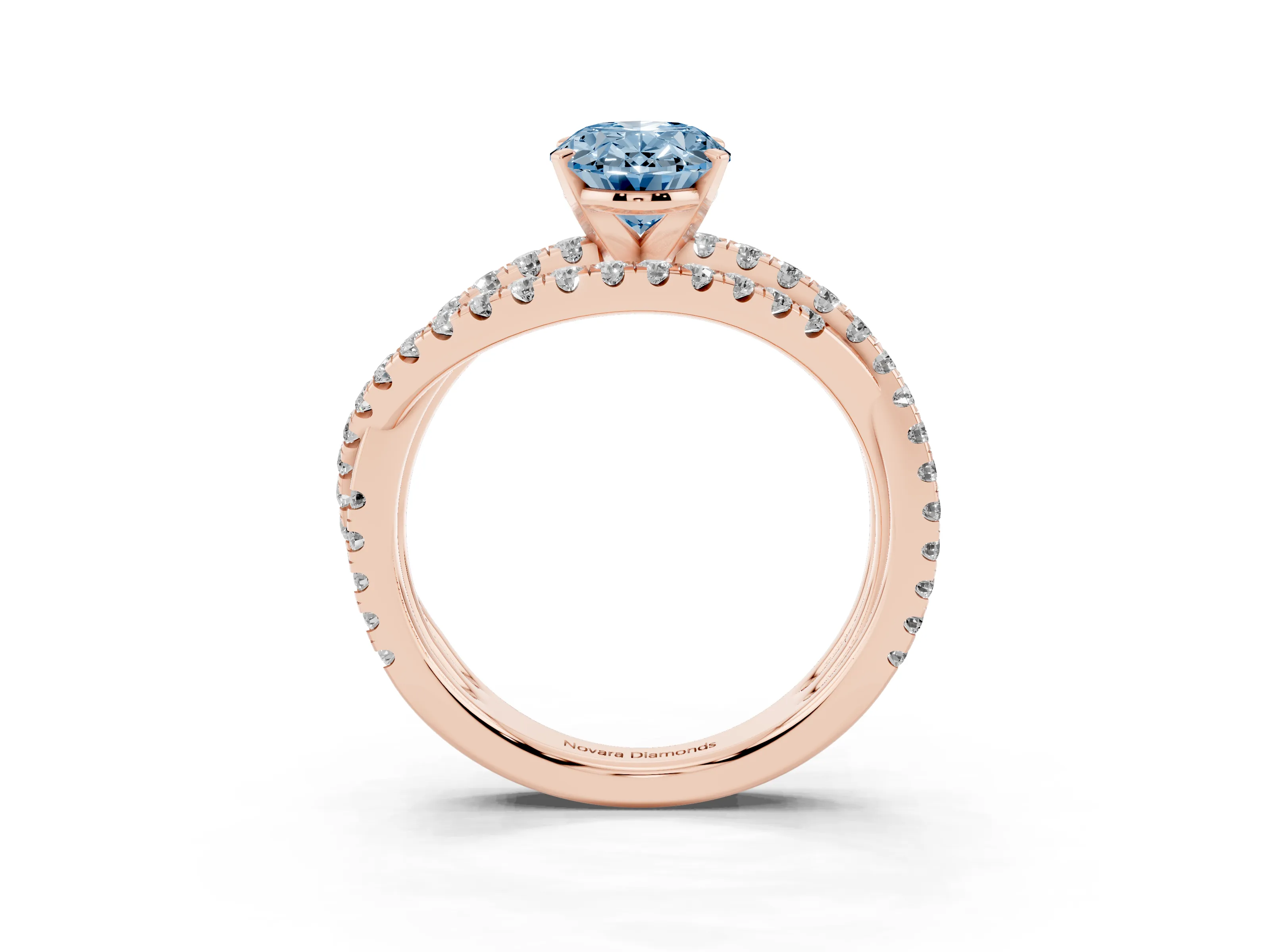 Fancy Blue Oval Cut Diamond Solitaire Twist Band Ring Set in Rose gold with Pavé Setting and Prong Head