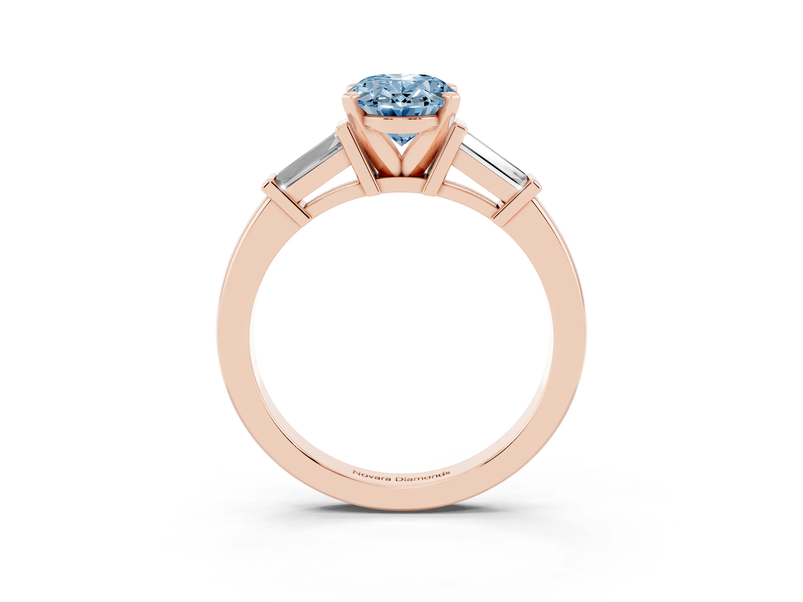 Fancy Blue Oval Cut Diamond Solitaire Ring Set in Rose gold with Tapered Baguette Accents and Prong Setting