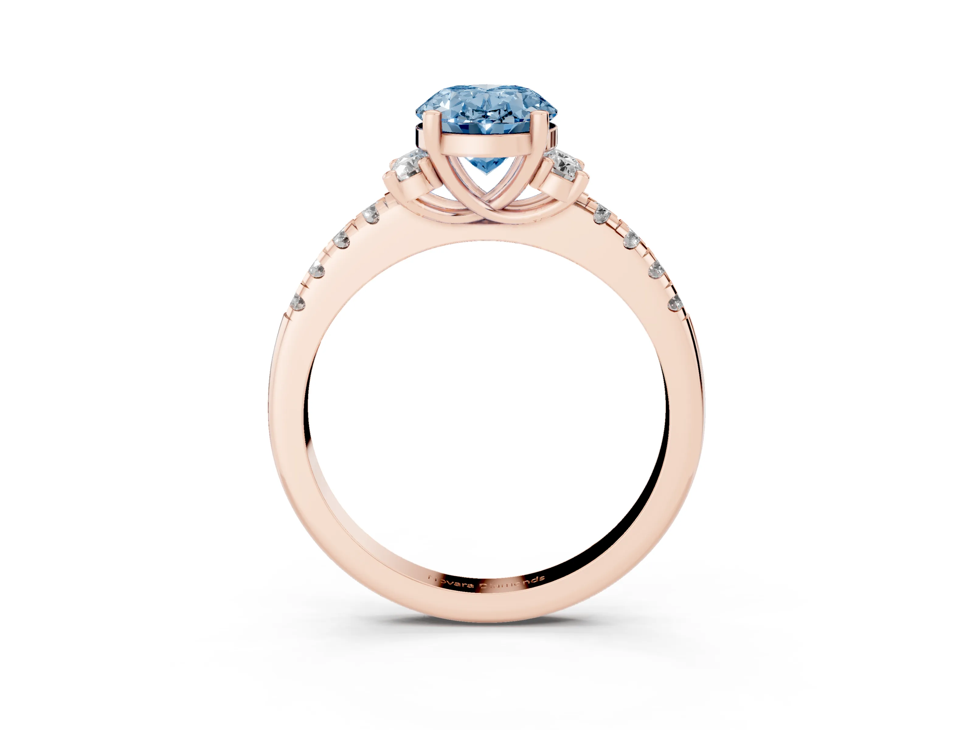 Fancy Blue Oval Cut Diamond Three-Stone Pavé Ring Set in Rose gold with Prong Setting