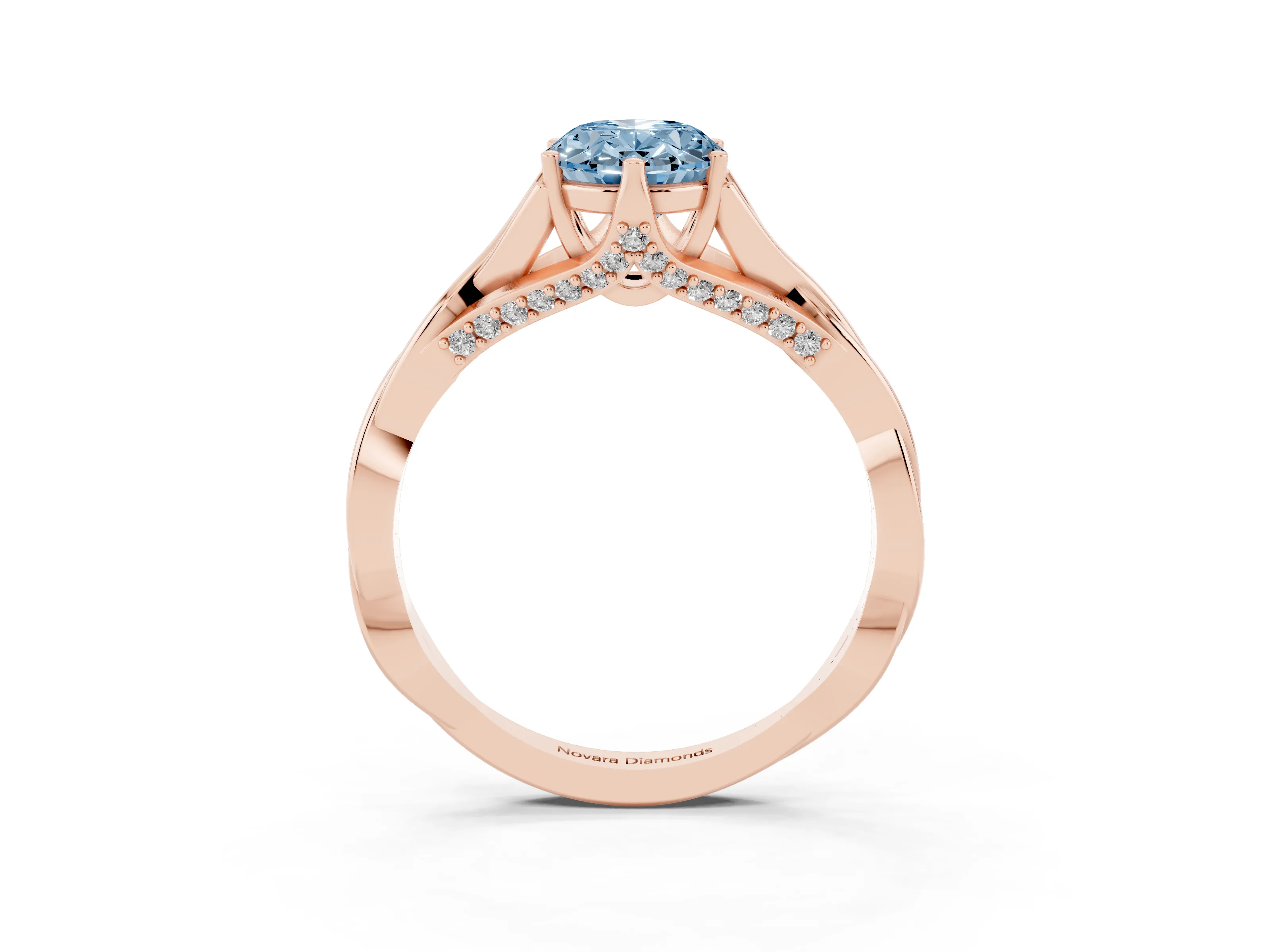 Fancy Blue Oval Cut Diamond Intertwined Twist Band Solitaire Ring Set in Rose gold with Prong Setting