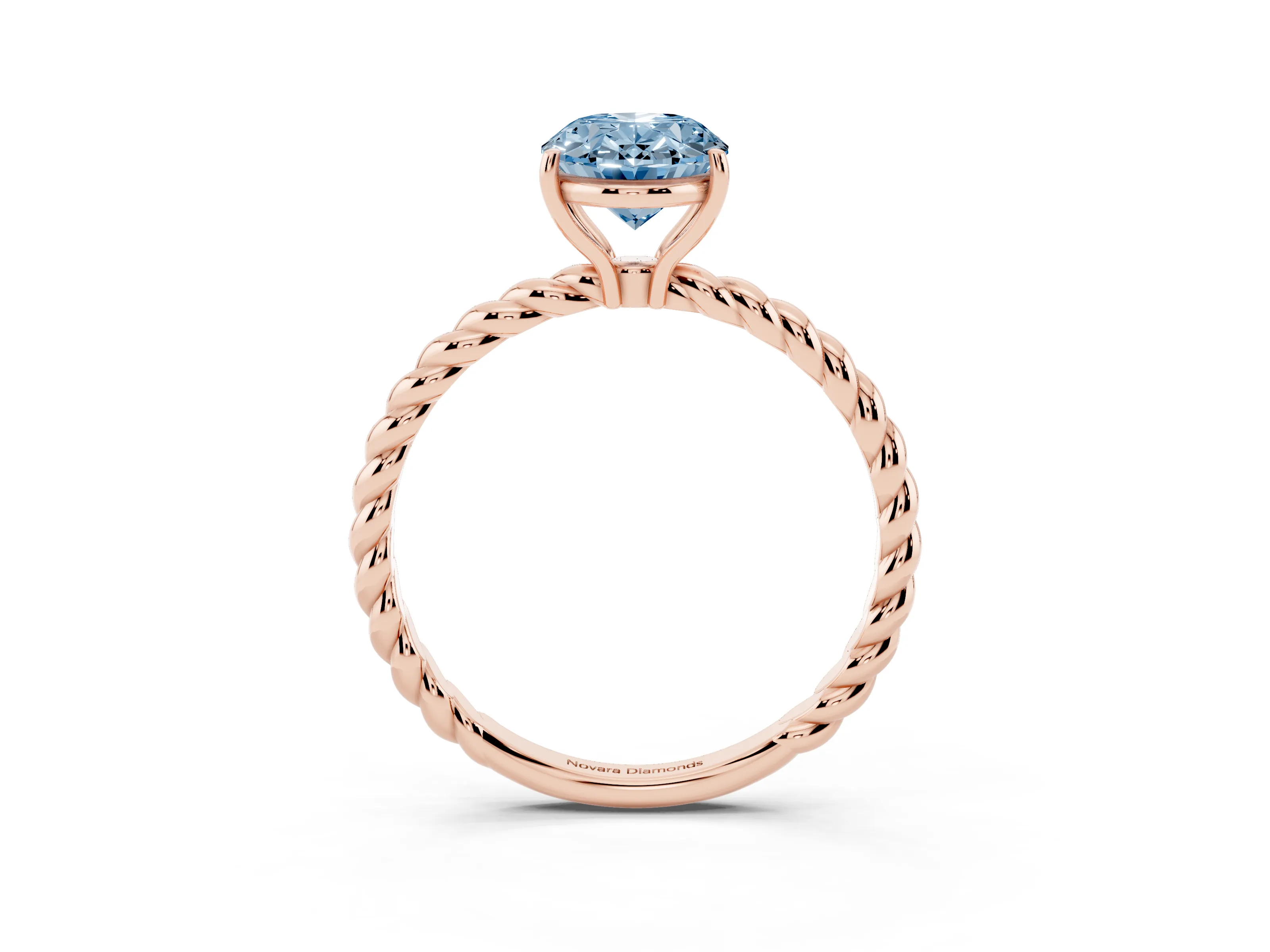 Fancy Blue Oval Cut Diamond Solitaire Twisted Band Ring Set in Rose gold with Prong Solitaire Setting
