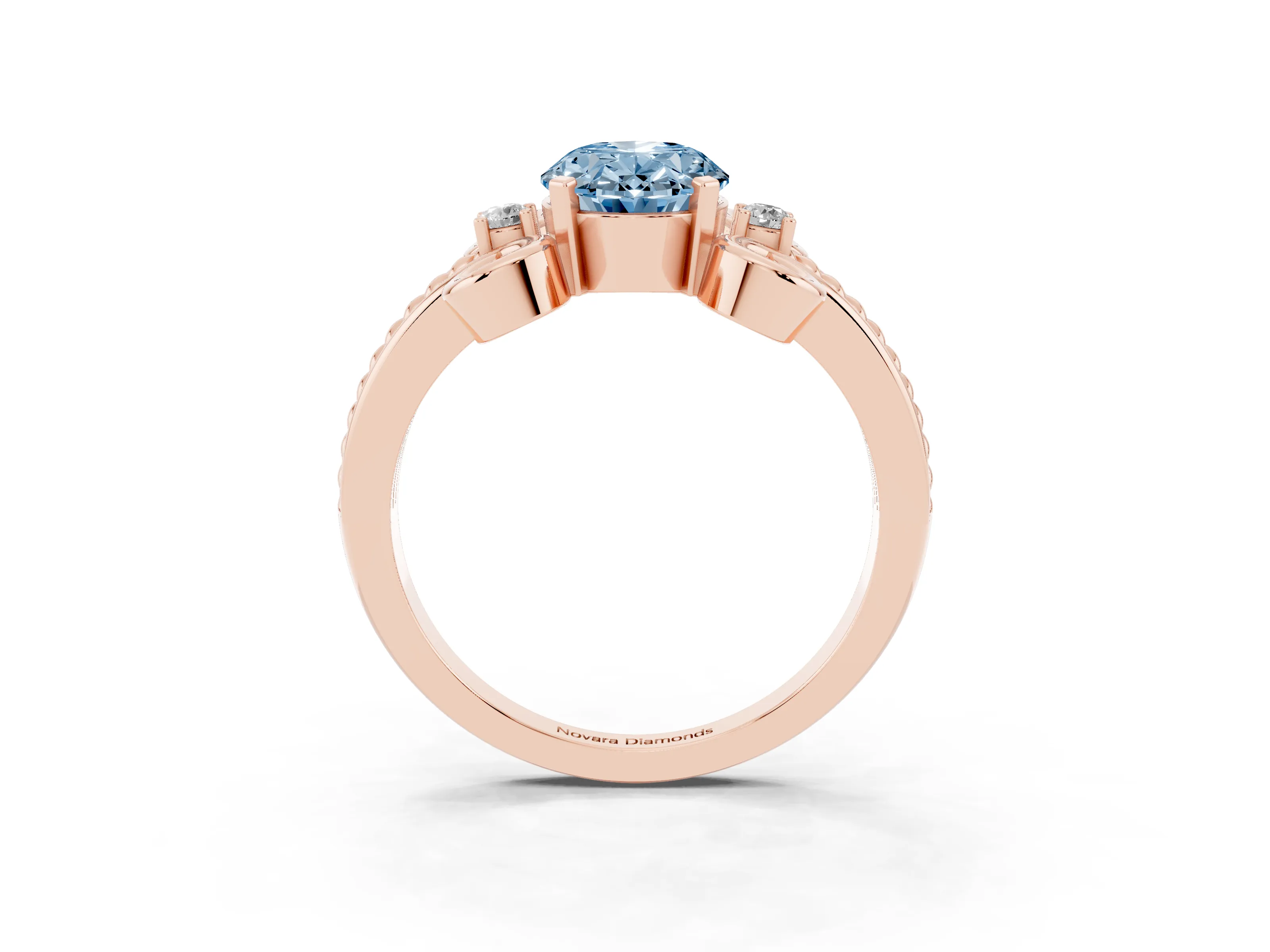 Fancy Blue Oval Cut Diamond Twisted Band Solitaire Ring Set in Rose gold with Scroll Prongs