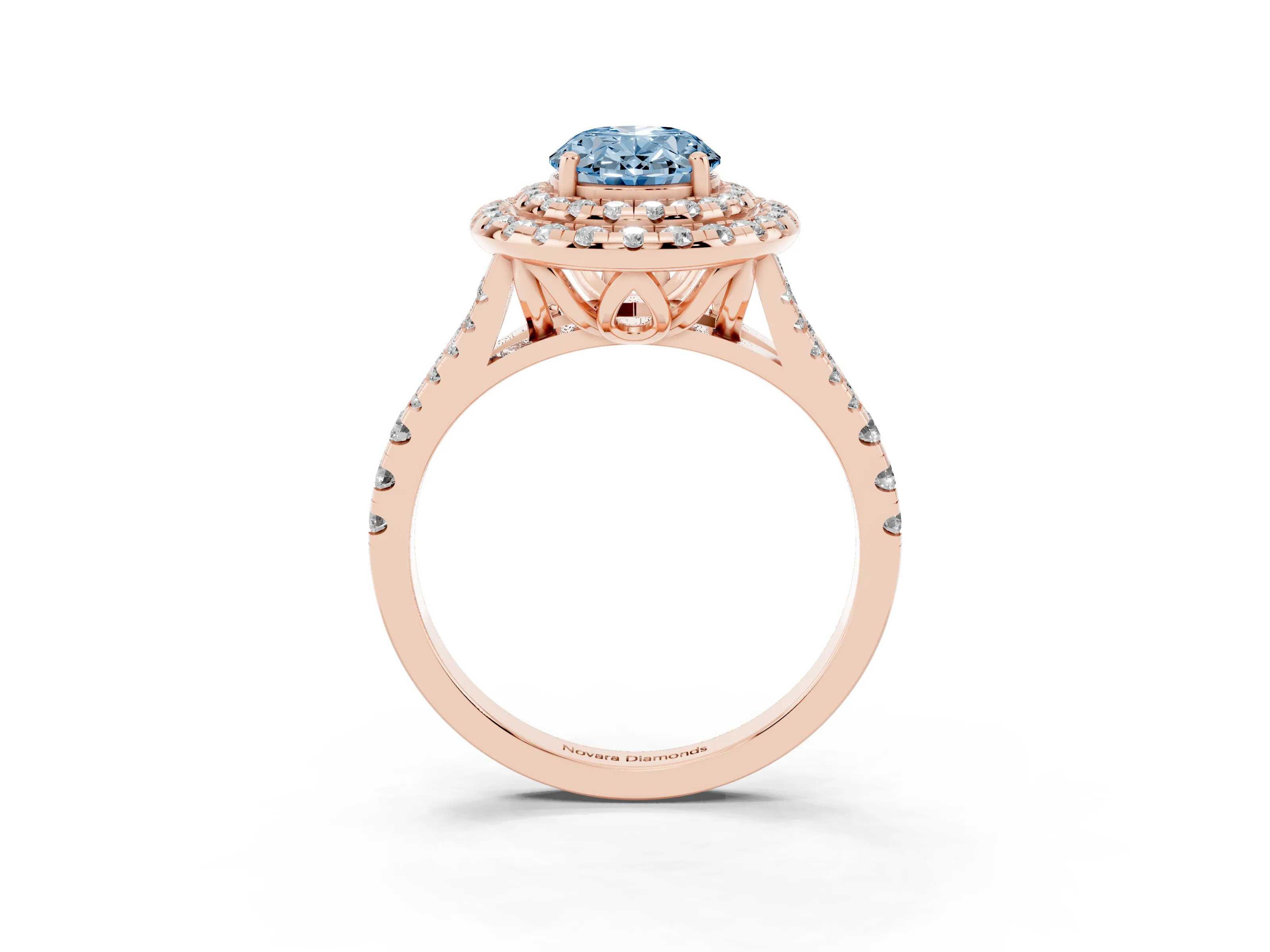 Fancy Blue Oval Cut Diamond Double Halo Ring Set in Rose gold with Pavé Split Shank and Prong Setting