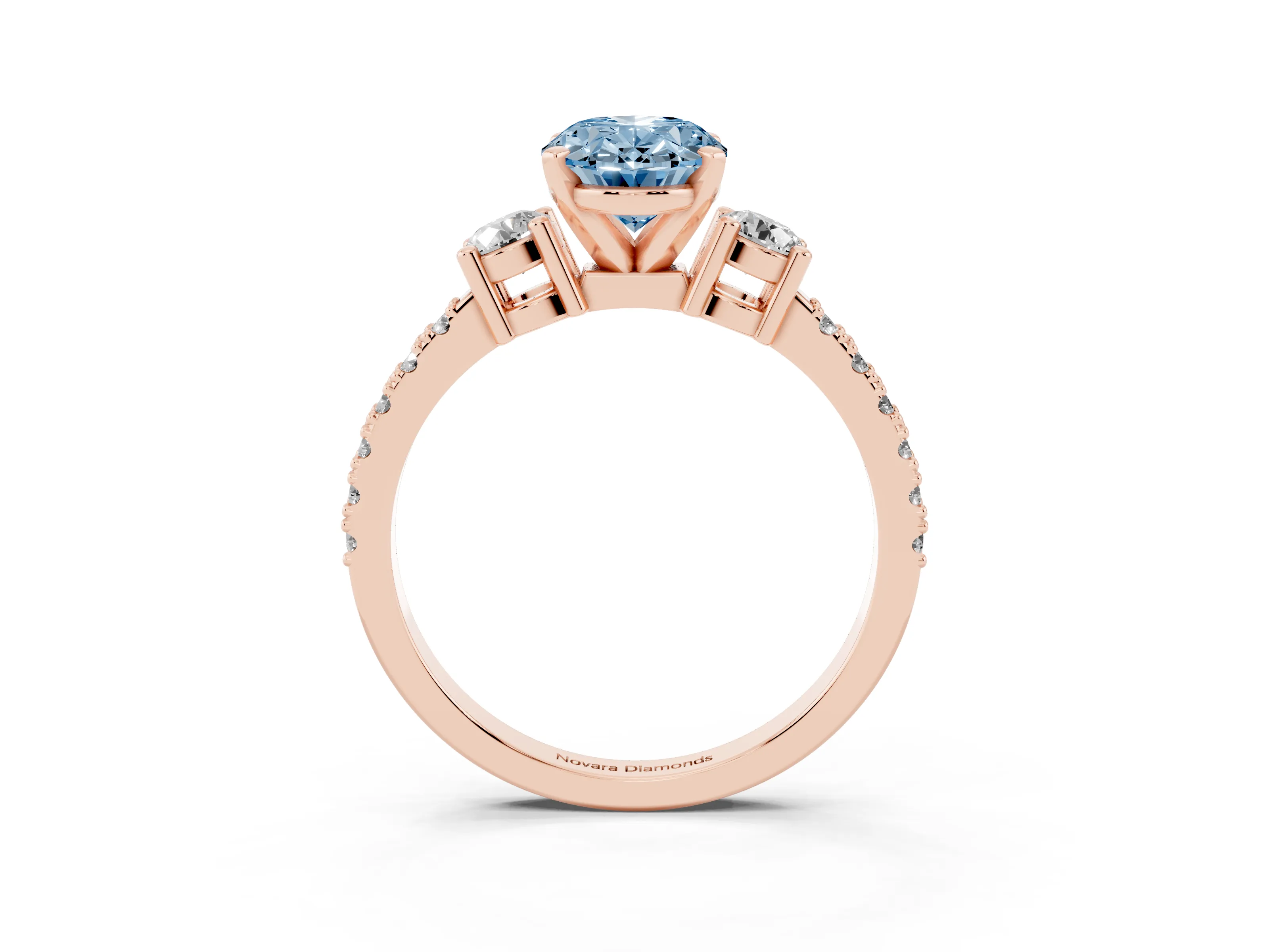 Fancy Blue Three-Stone Oval Cut Diamond Pavé Band Ring Set in Rose gold with Prong Setting