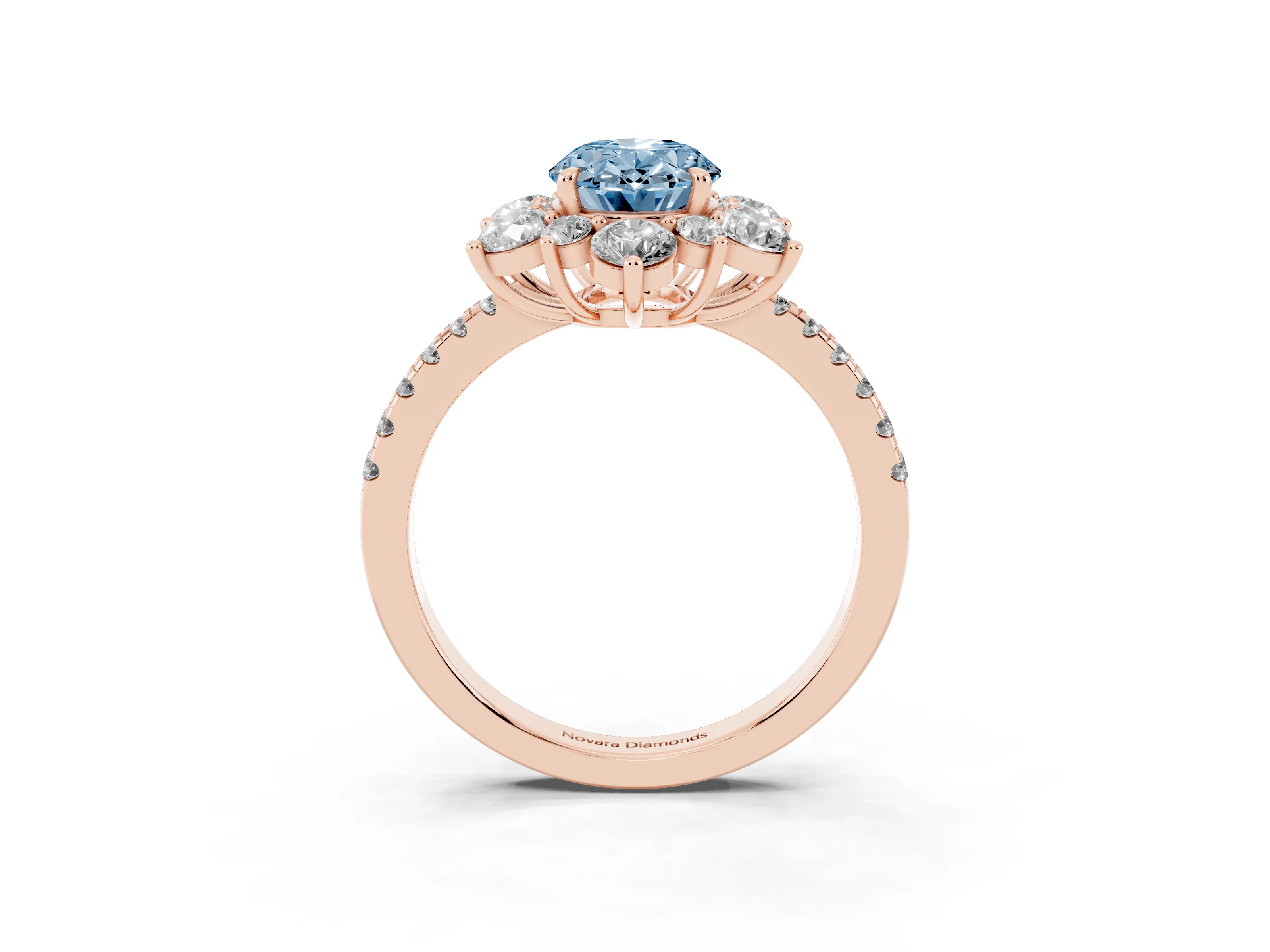 Fancy Blue Oval Cut Diamond Floral Halo Ring Set in Rose gold with Round Pavé Band and Prong Setting