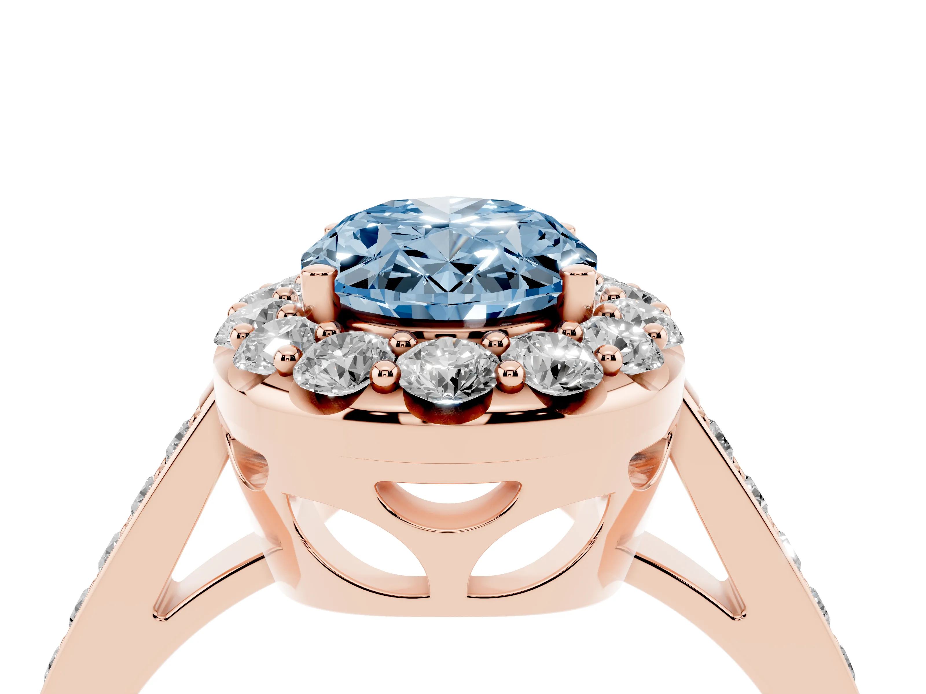 Fancy Blue Oval Cut Diamond Floral Halo Ring Set in Rose gold with Pavé Band and Prong Setting