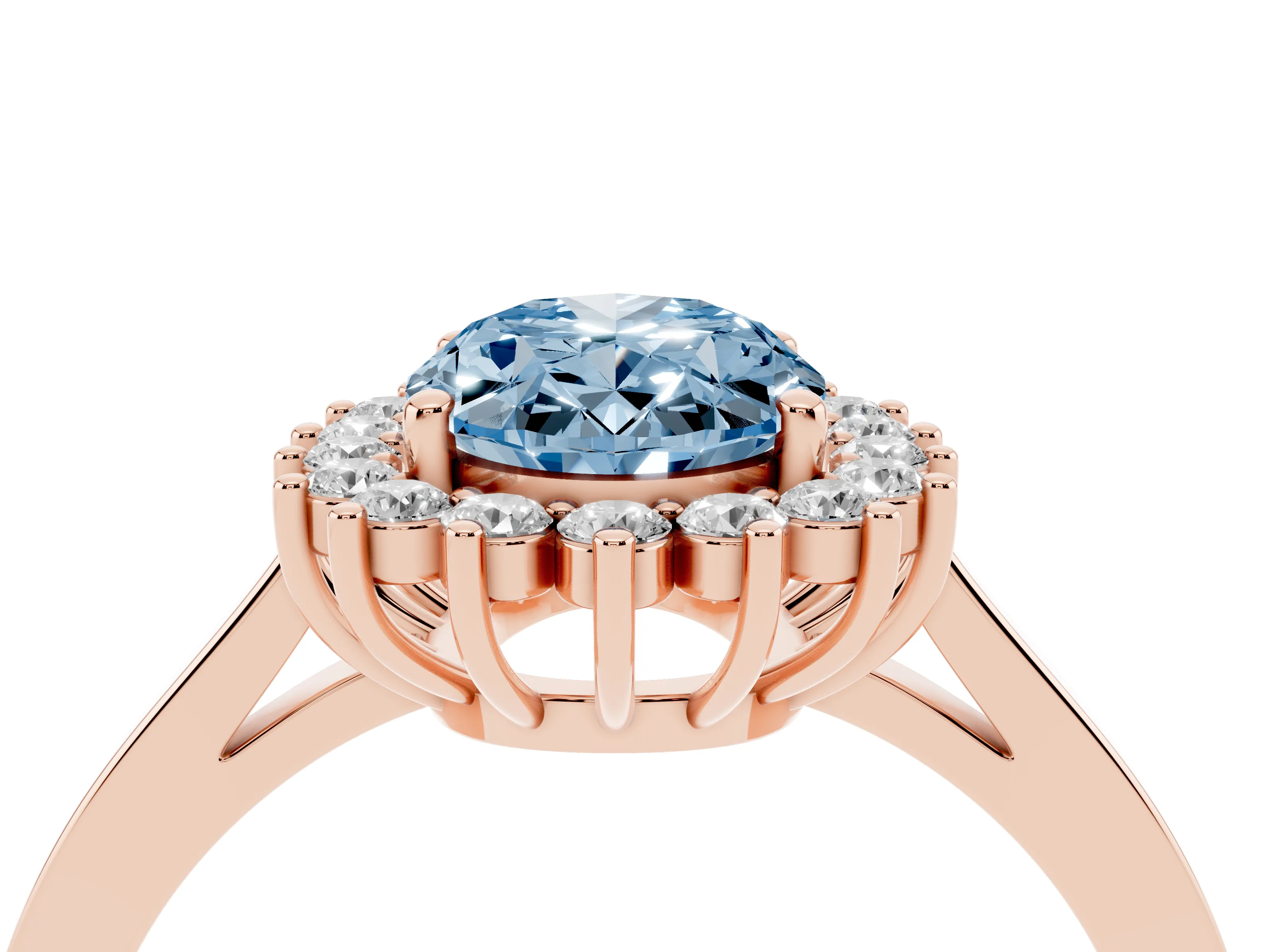 Fancy Blue Oval Cut Diamond Halo Ring Set in Rose gold with Round Halo and Smooth Solitaire Band