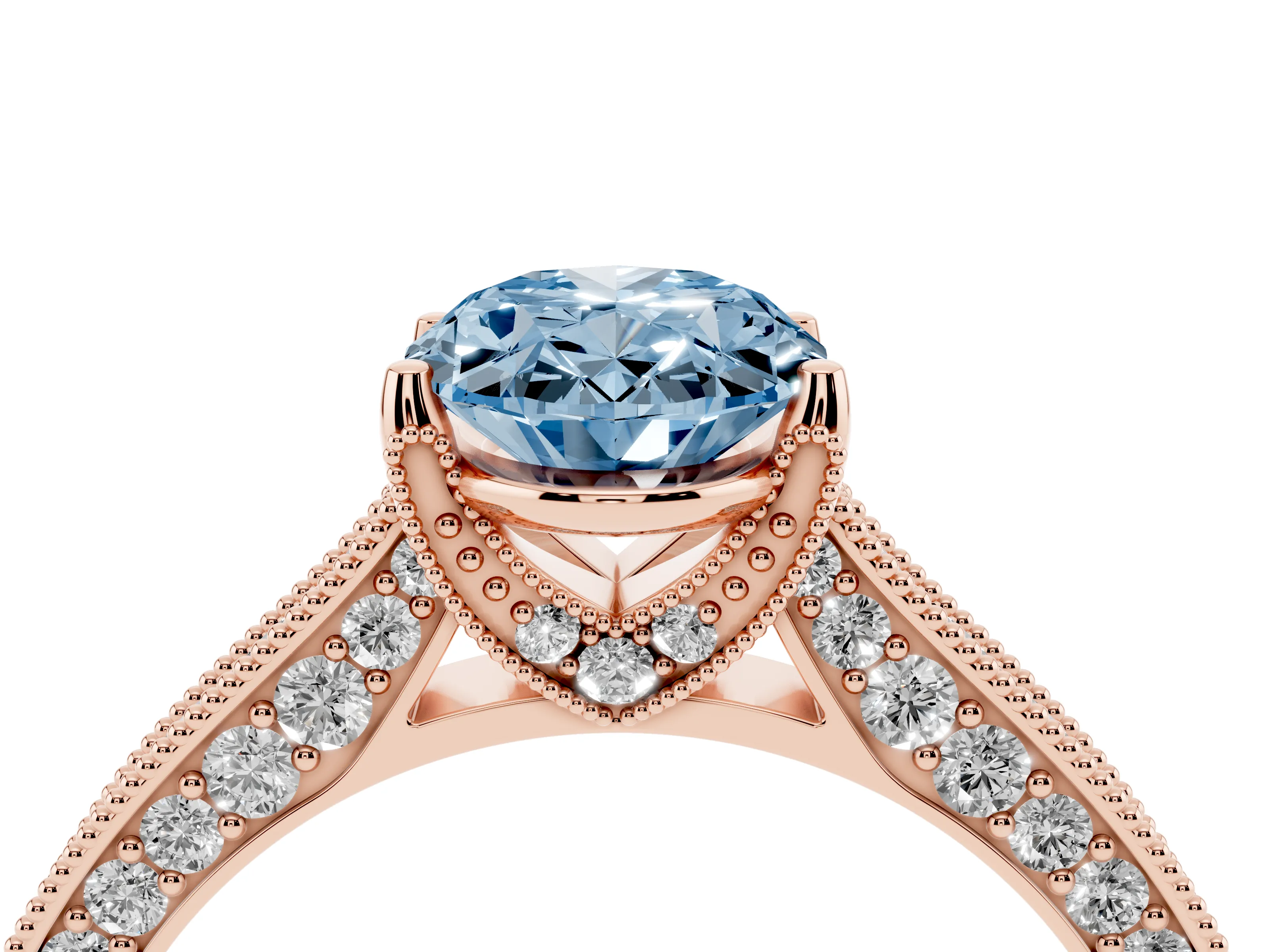 Fancy Blue Oval Cut Diamond Solitaire Ring Set in Rose gold with Milgrain-Edged Pavé Band and Prong Setting