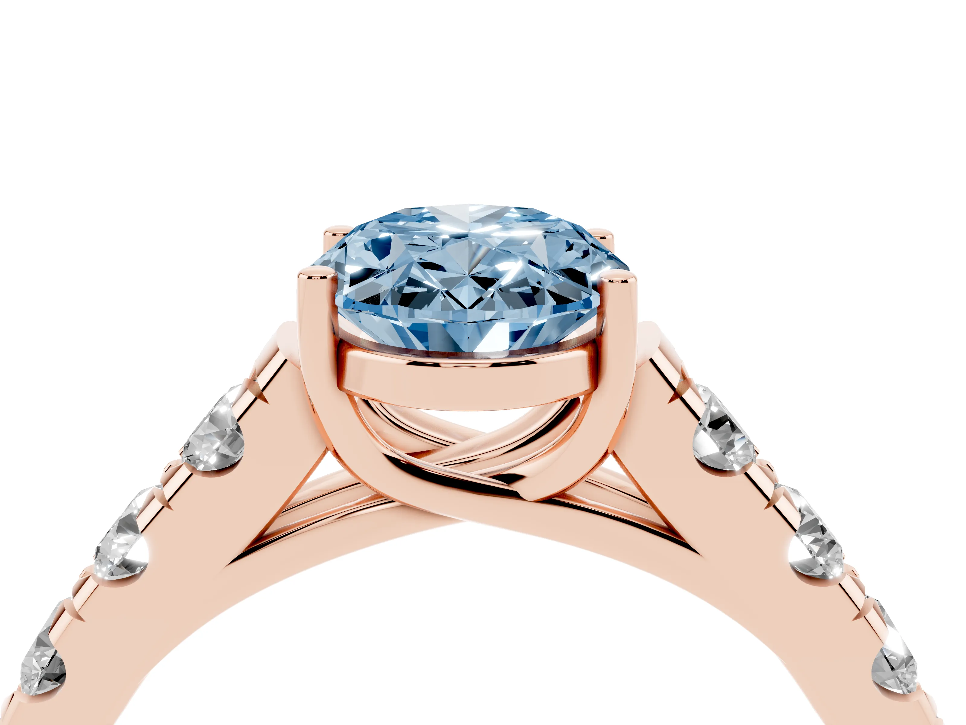 Fancy Blue Oval Cut Diamond Solitaire Ring Set in Rose gold with Cut-Down Micro Pavé Band and Prong Setting