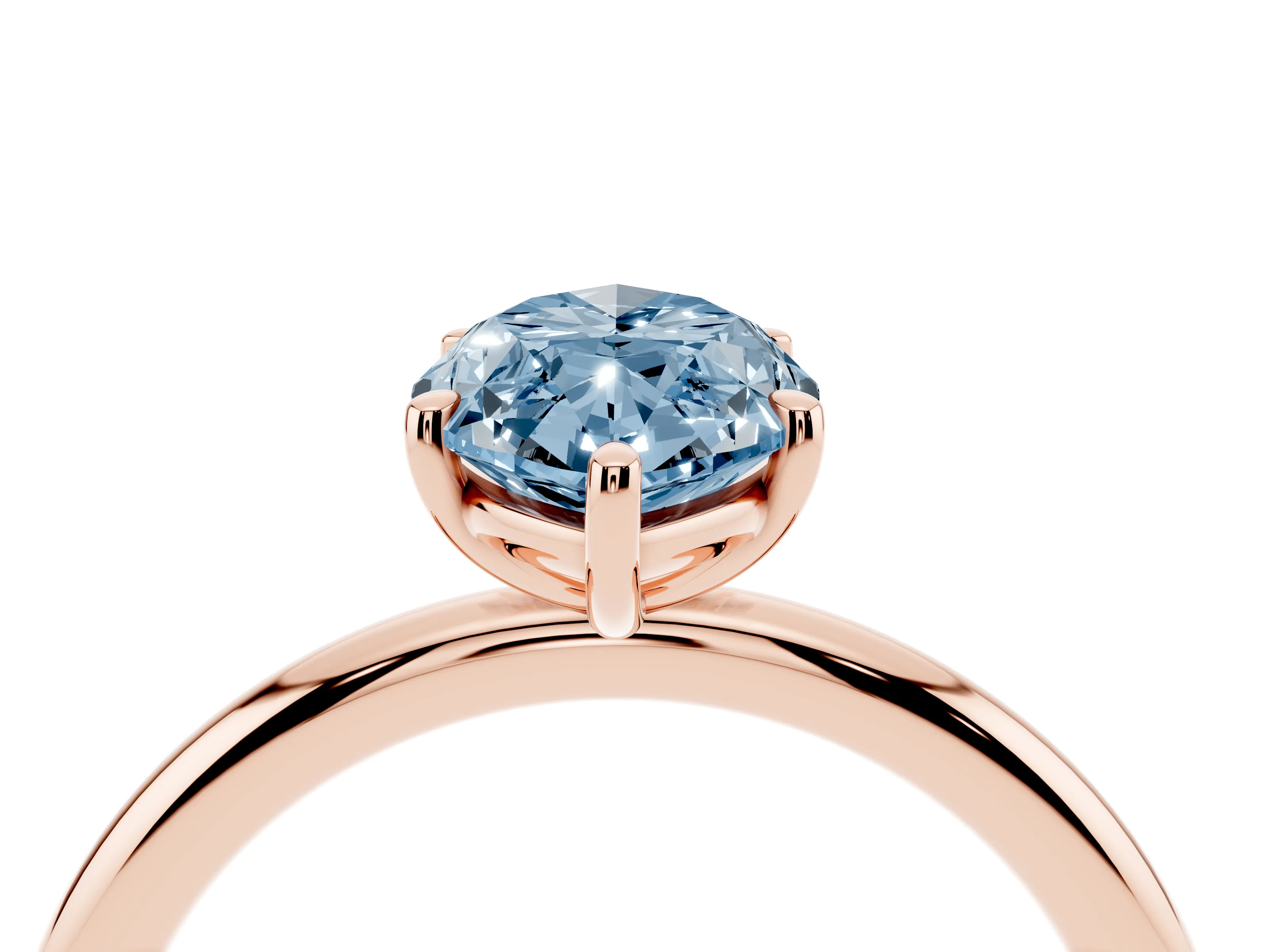 Fancy Blue Oval Cut Diamond Solitaire Ring Set in Rose gold with Prong Setting on a Polished Plain Band
