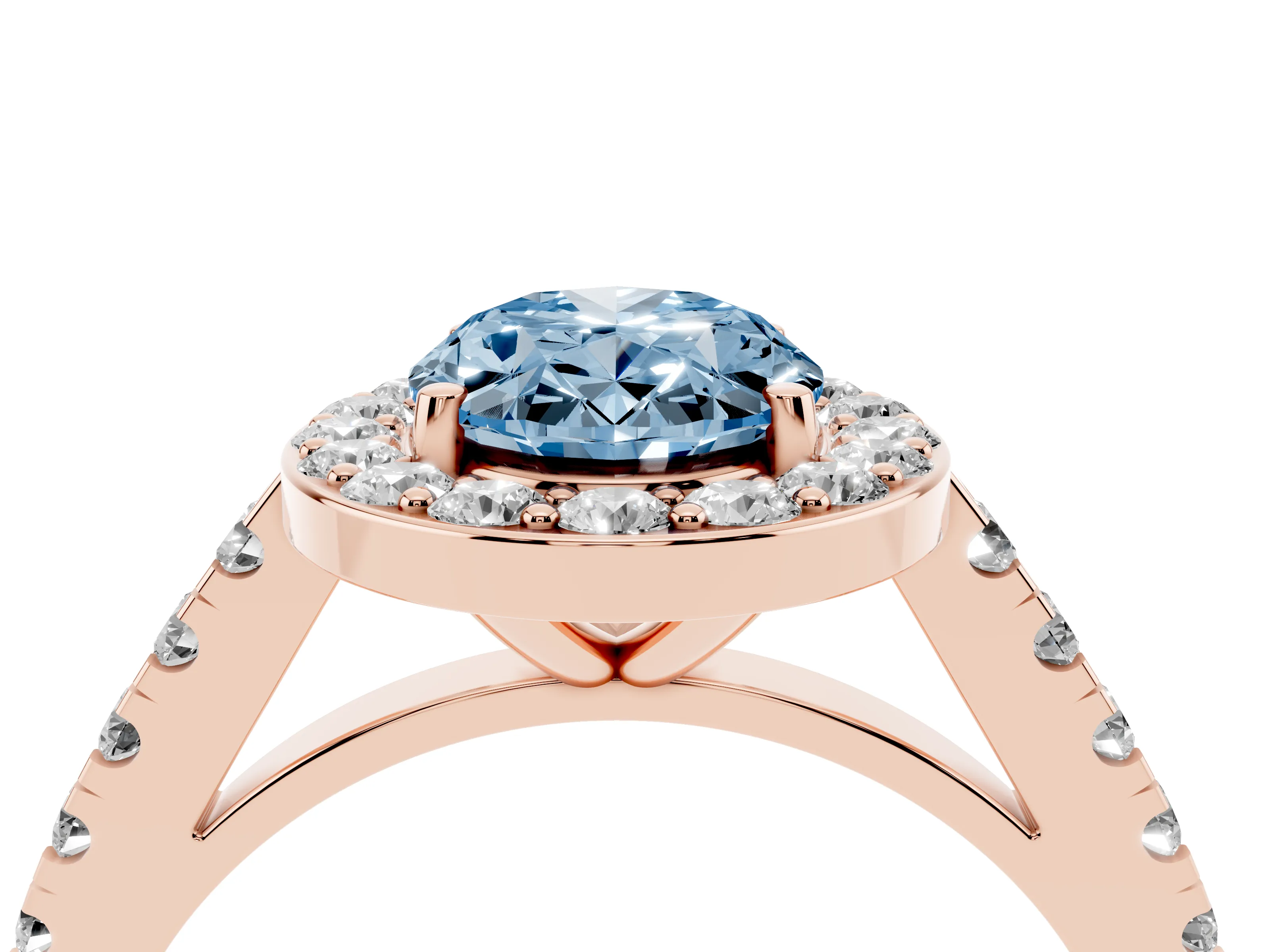Fancy Blue Oval Cut Diamond Halo Ring Set in Rose gold with Round Pavé Split Shank and Prong Setting