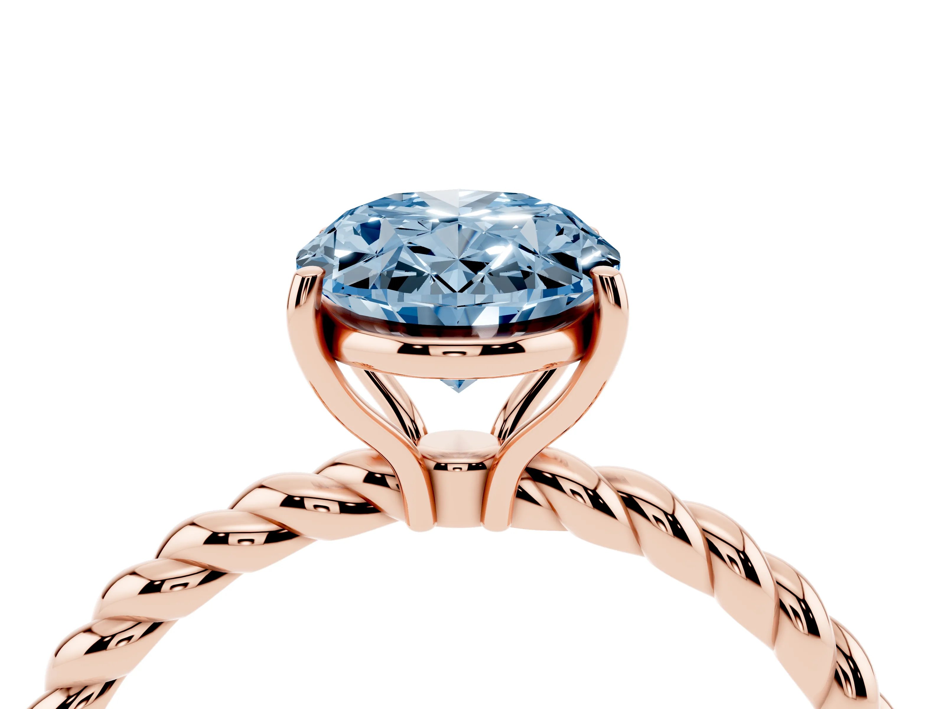 Fancy Blue Oval Cut Diamond Solitaire Twisted Band Ring Set in Rose gold with Prong Solitaire Setting