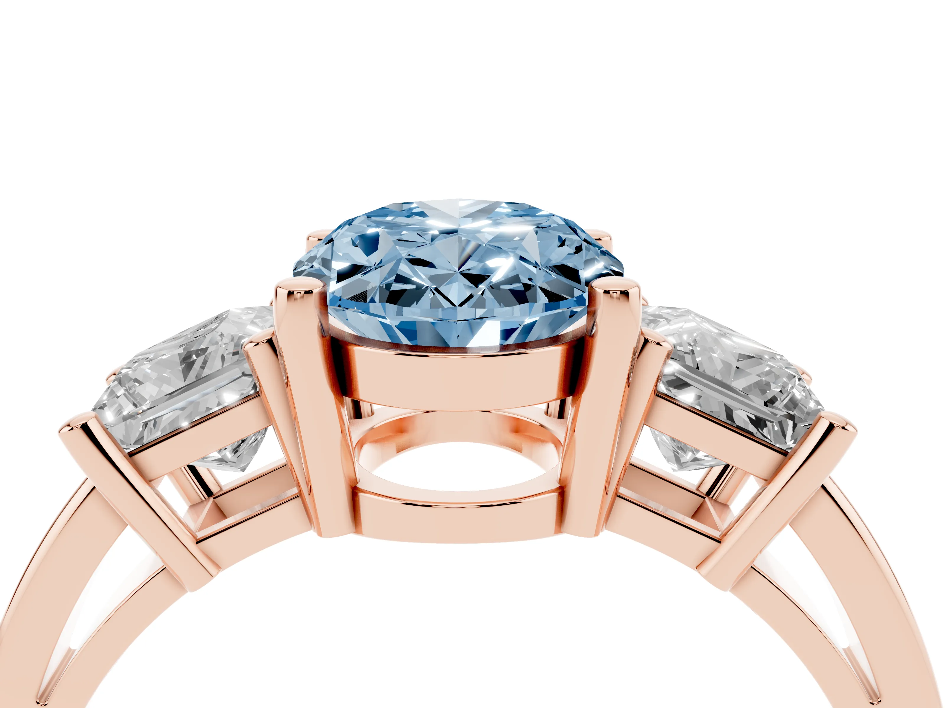Fancy Blue Three-Stone Oval Cut Diamond Solitaire Ring Set in Rose gold with Prong Setting
