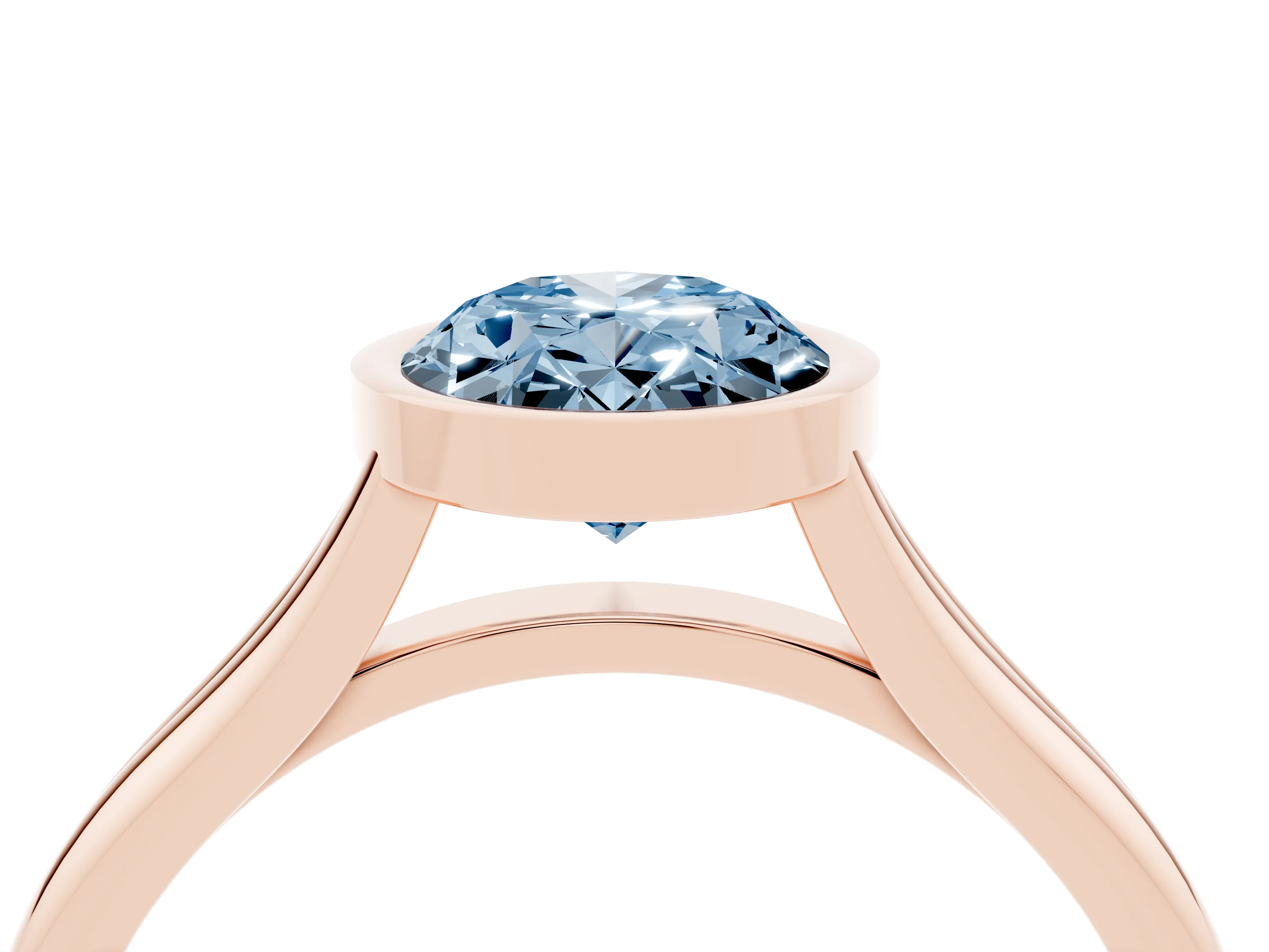 Fancy Blue Bezel Set Oval Cut Diamond Solitaire Ring Set in Rose gold with Tapered Band