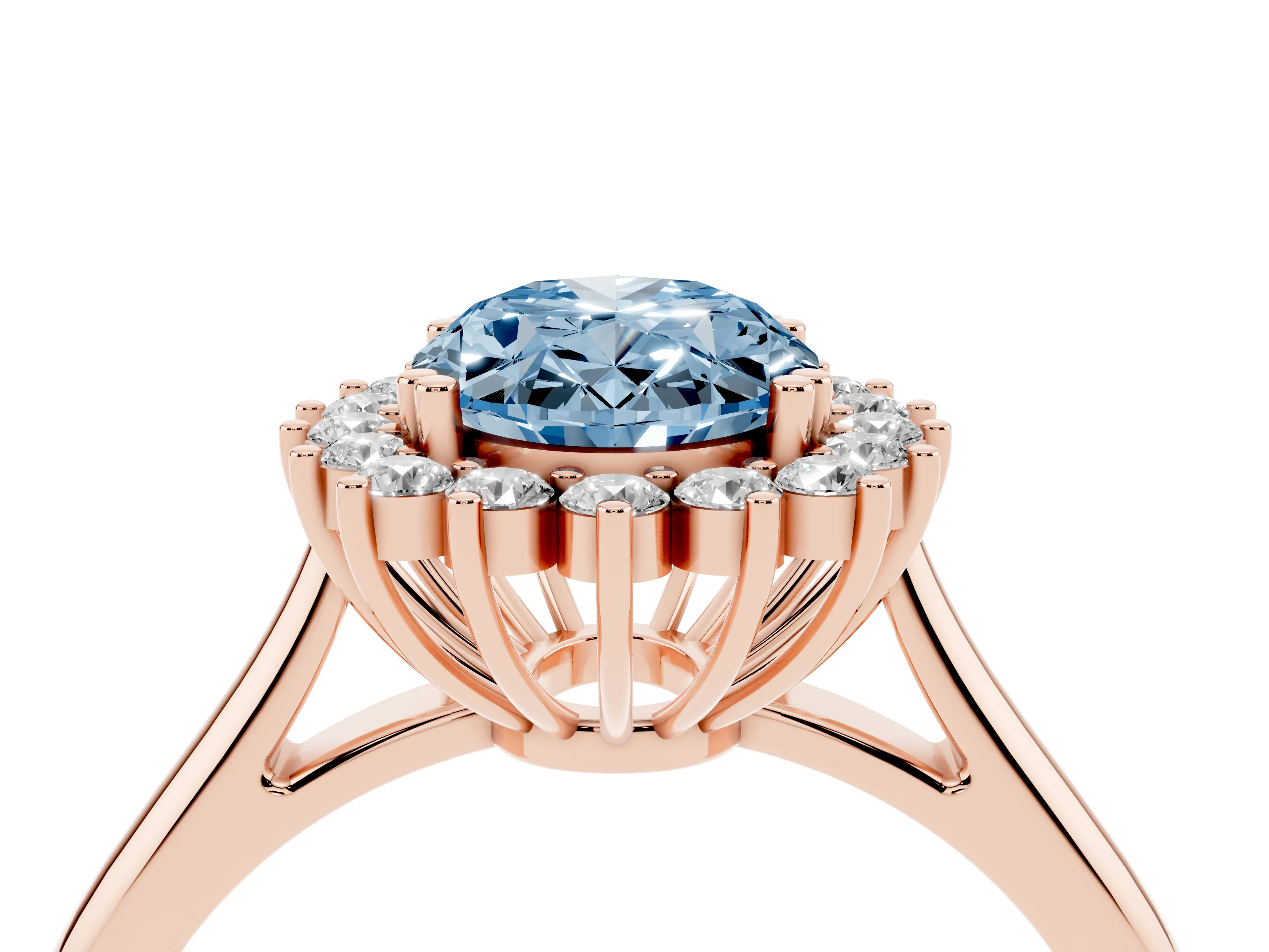 Fancy Blue Oval Cut Diamond Halo Ring Set in Rose gold with Plain Solitaire Band and Prong Setting