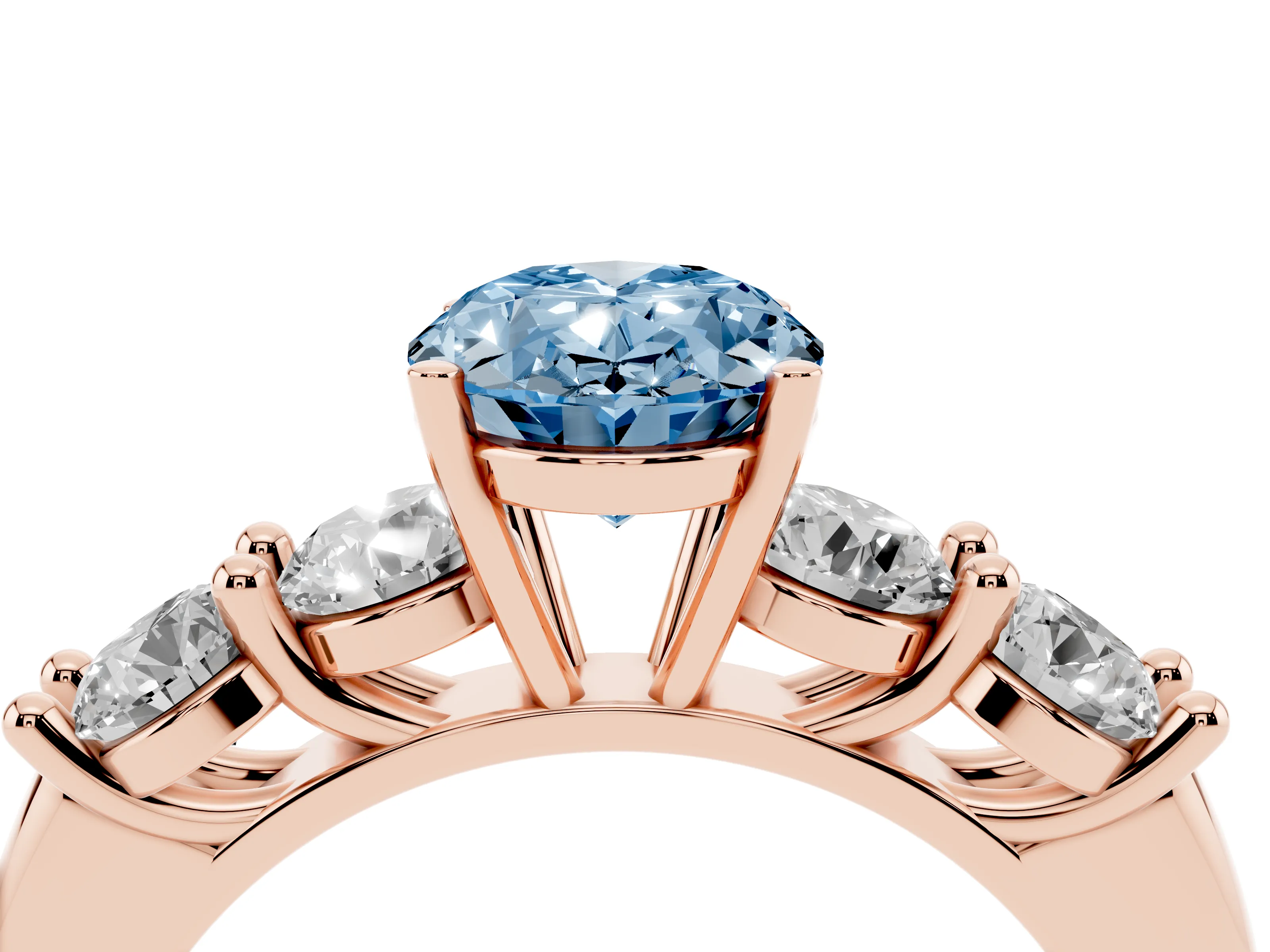 Fancy Blue Oval Cut Diamond Five-Stone Prong Set Ring Set in Rose gold with Classic Band