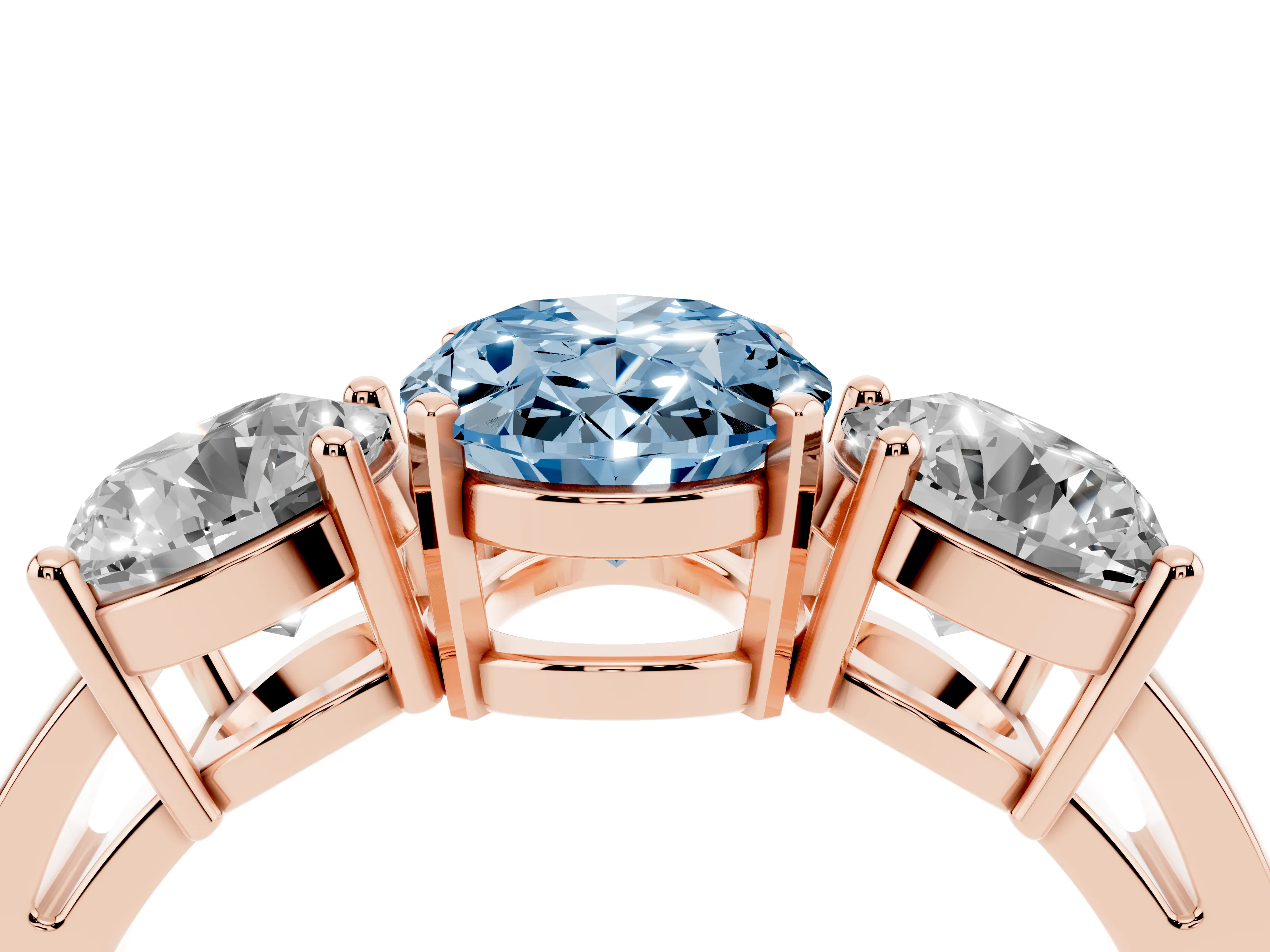 Fancy Blue Oval Cut Diamond Three-Stone Ring Set in Rose gold with Round Side Stones and Classic Band