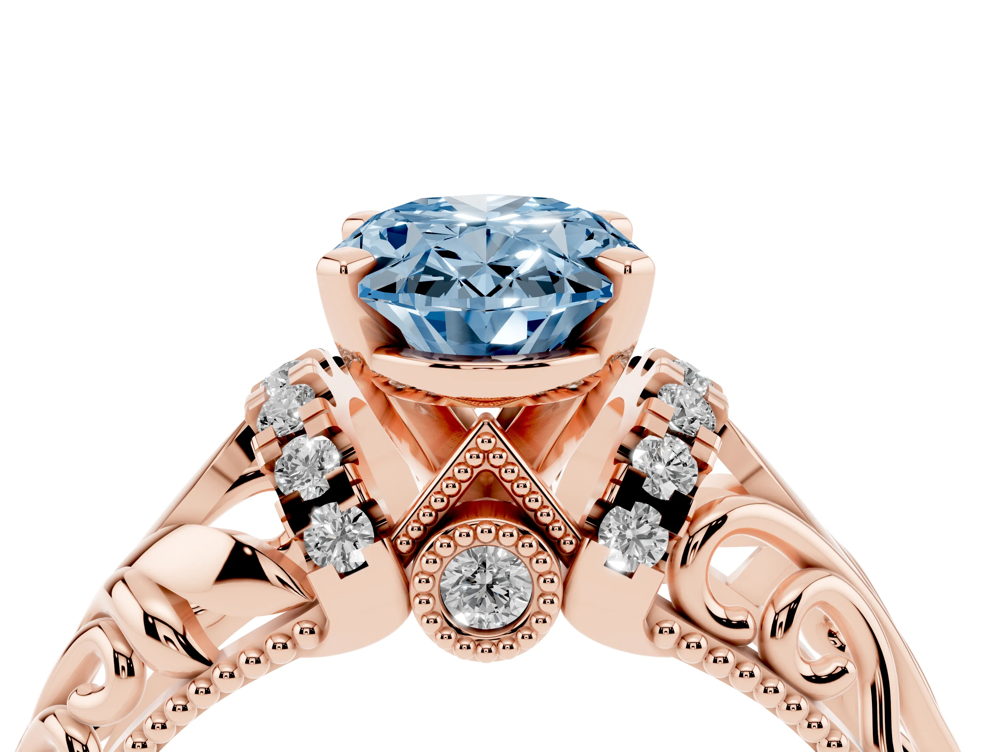 Fancy Blue Oval Cut Diamond Filigree Halo Engagement Ring Set in Rose gold with Prong Setting