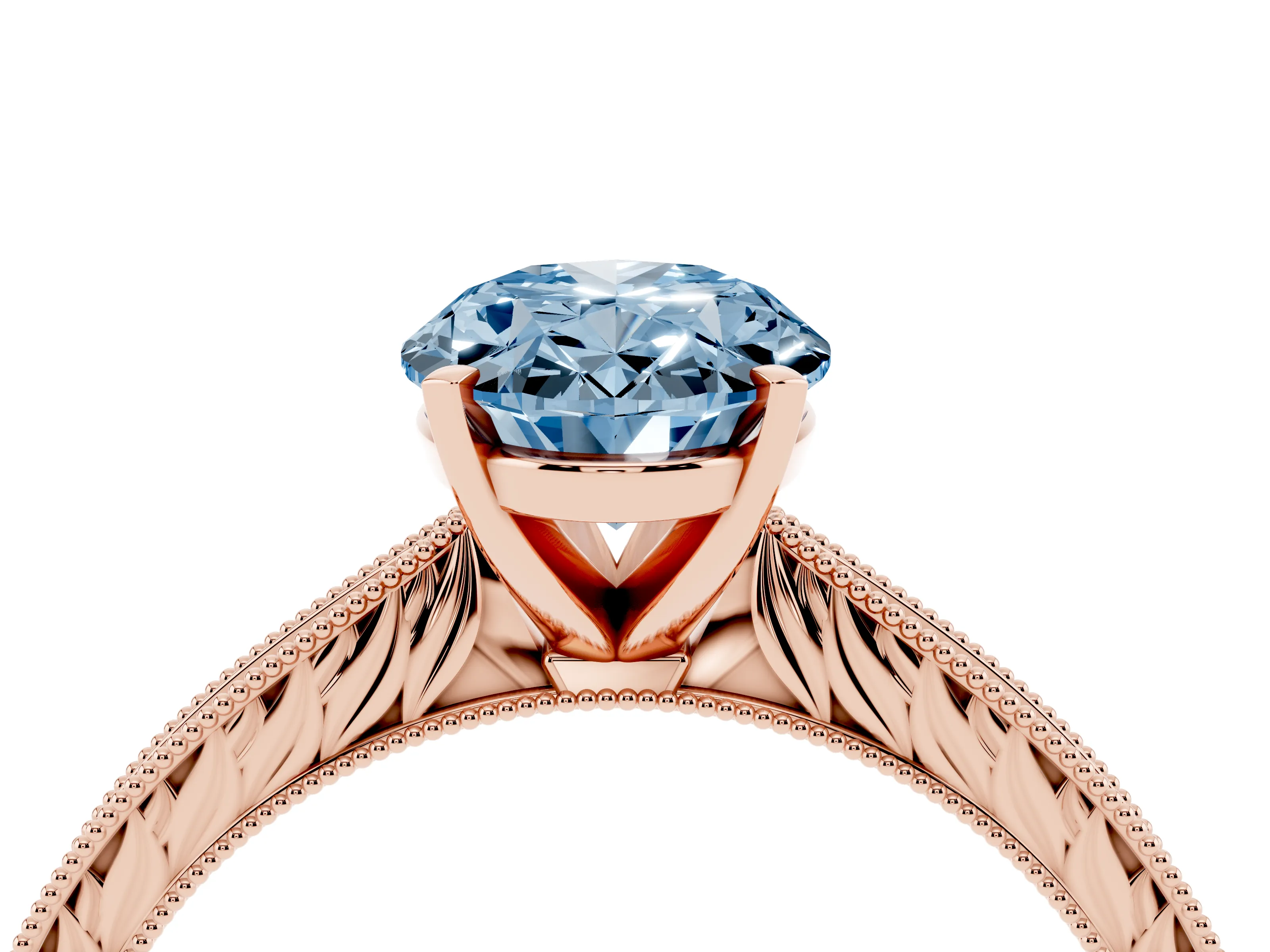 Fancy Blue Oval Cut Diamond Solitaire Milgrain Engraved Band Set in Rose gold with Prong Setting