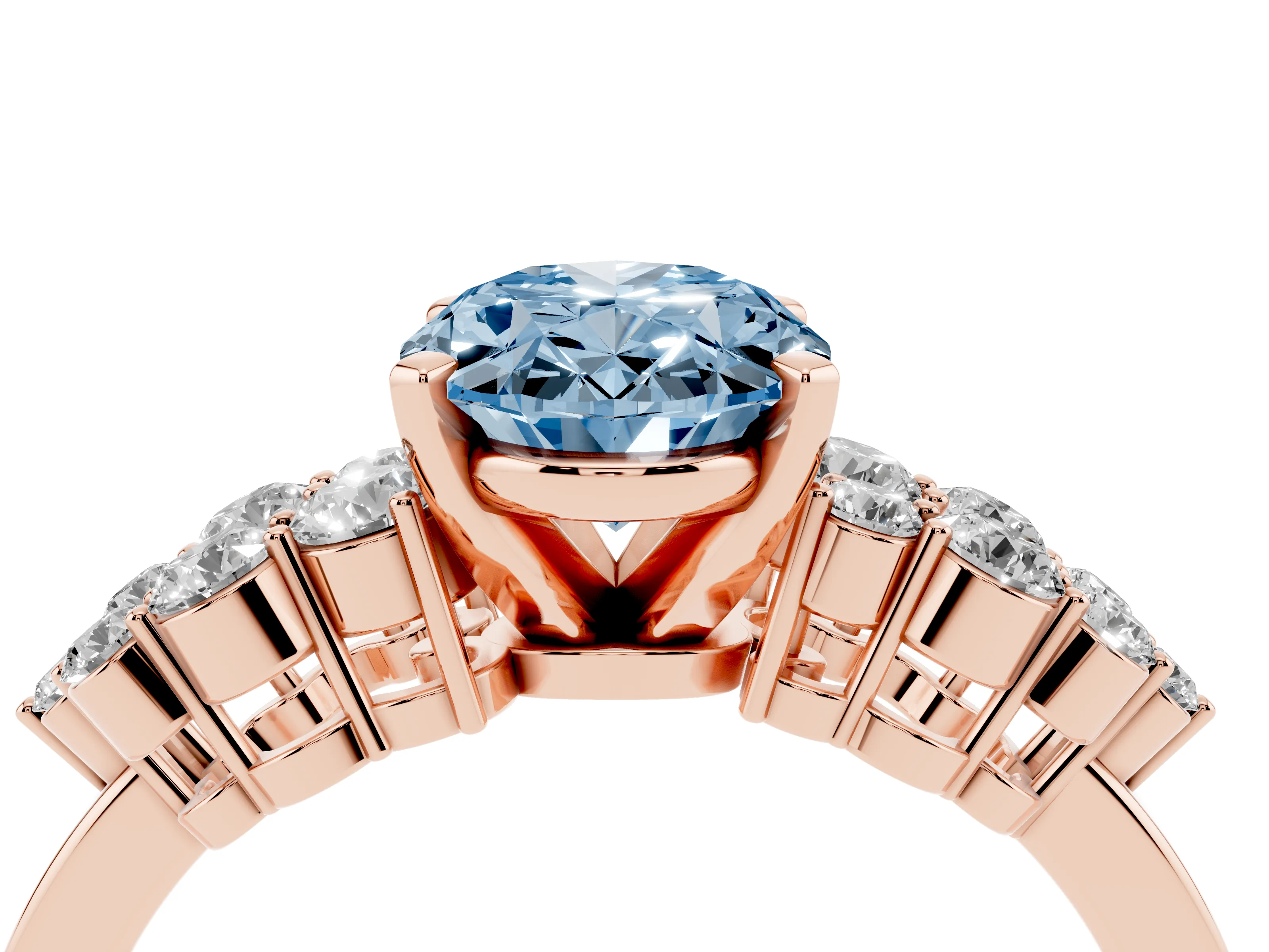 Fancy Blue Oval Cut Diamond Cluster Engagement Ring Set in Rose gold with Pavé Band and Prong Setting