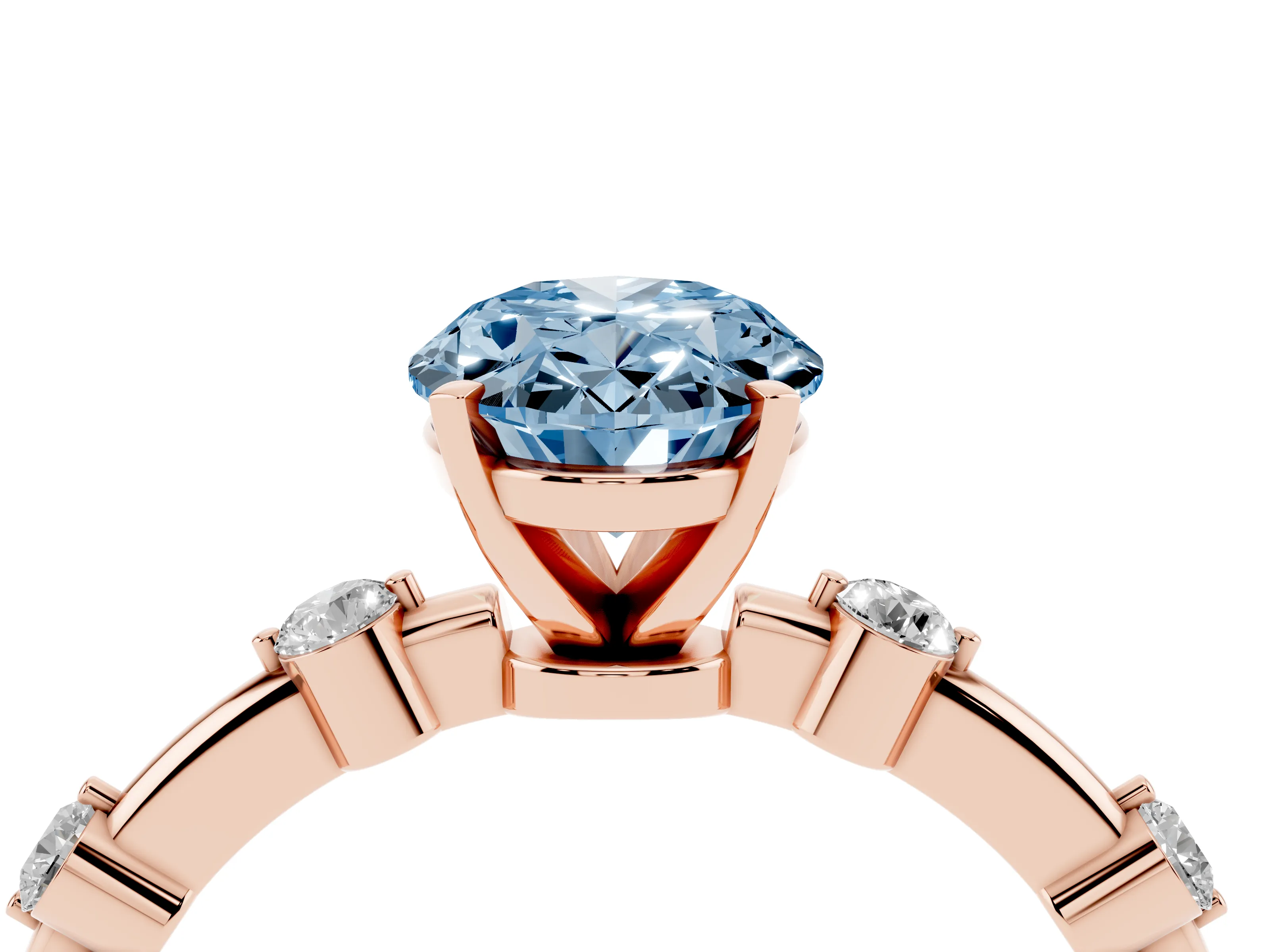 Fancy Blue Oval Cut Diamond Solitaire Ring Set in Rose gold with Bezel Set Side Stones and Prong Setting