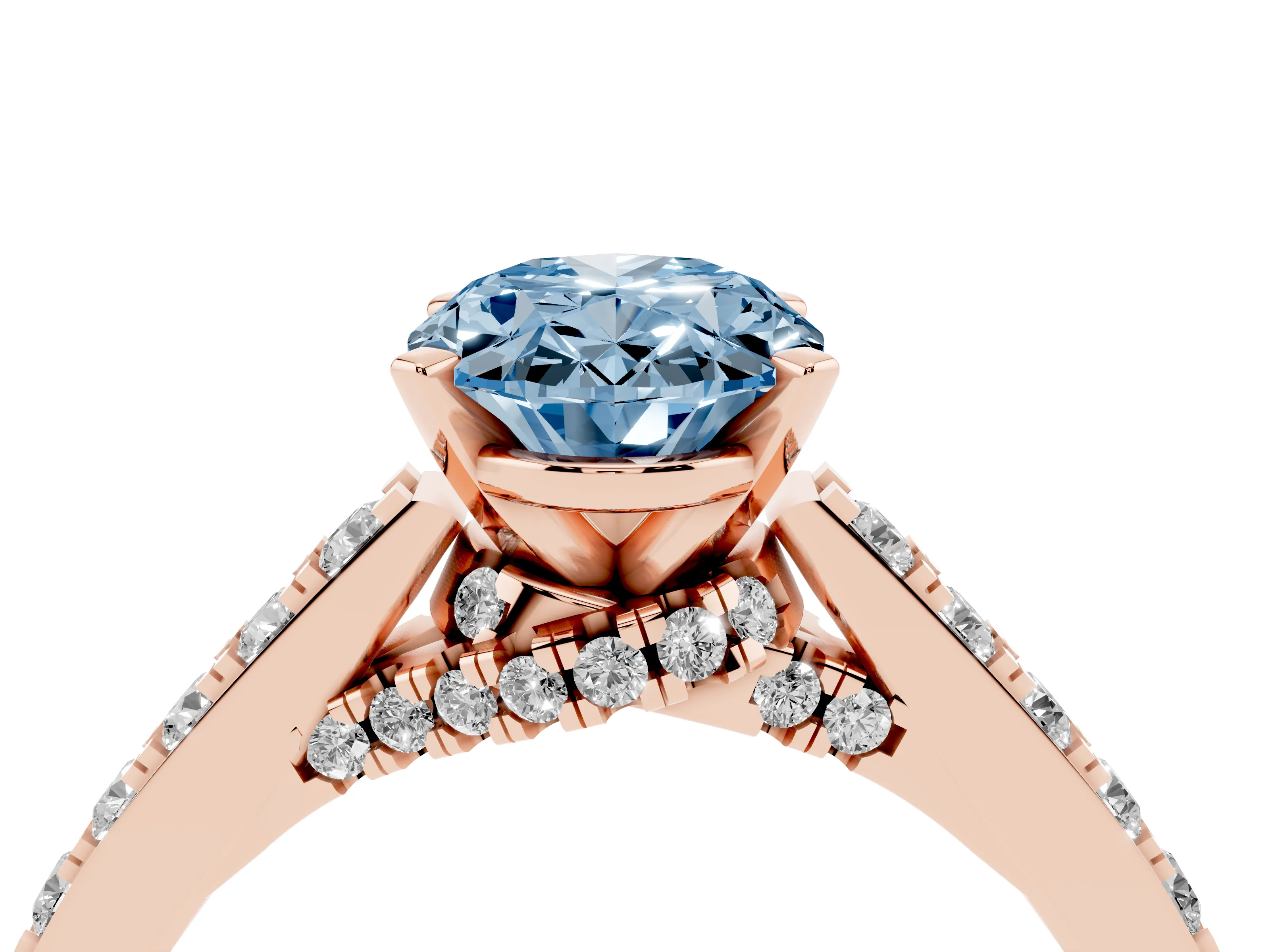 Fancy Blue Oval Cut Diamond Solitaire Ring Set in Rose gold with Crossover Gallery and Round Pavé Band