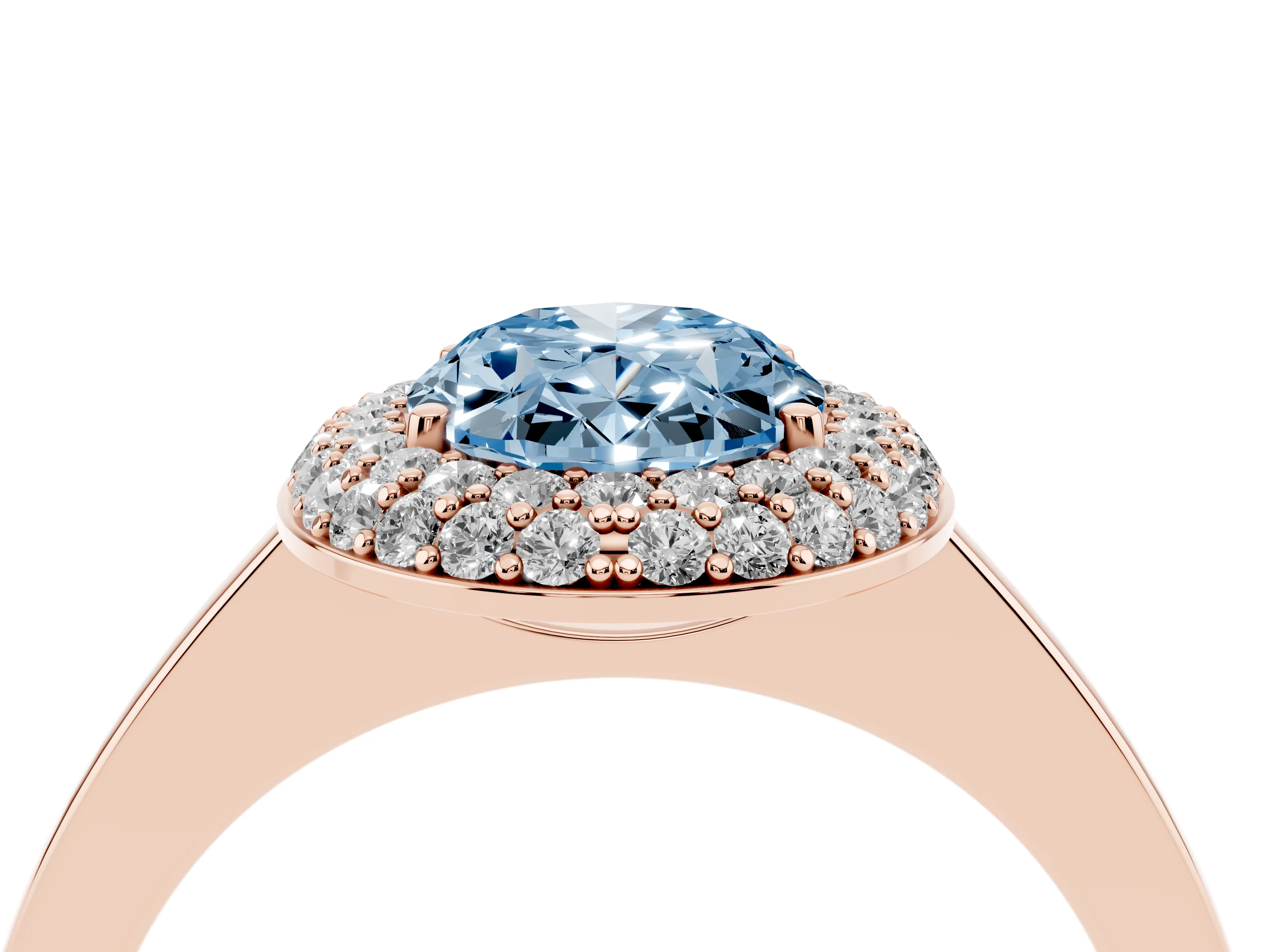 Fancy Blue Oval Cut Diamond Halo Engagement Ring Set in Rose gold with Solitaire Band and Prong Setting