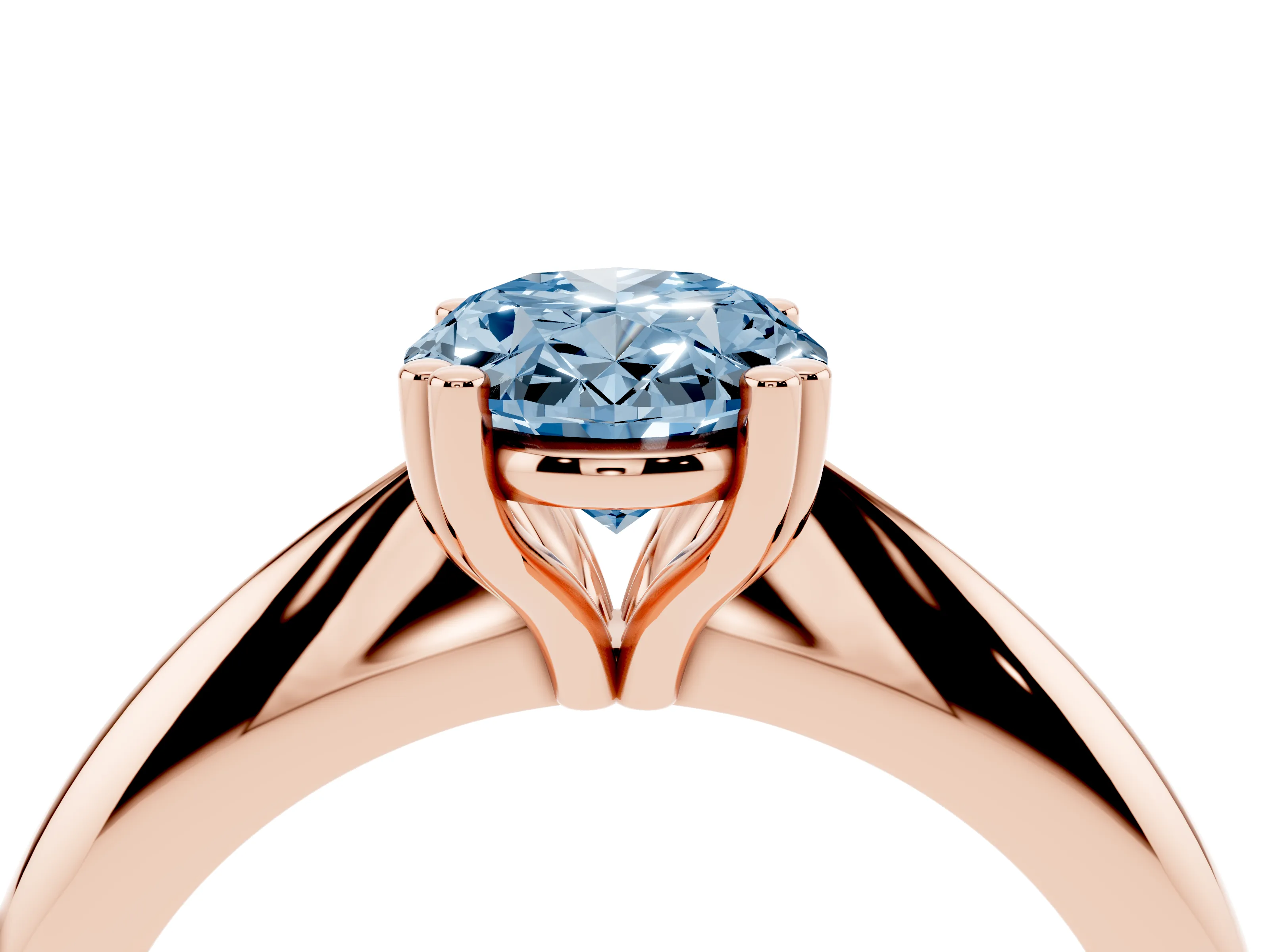 Fancy Blue Oval Cut Diamond Solitaire Engagement Ring Set in Rose gold with Tapered Band and Prong Setting