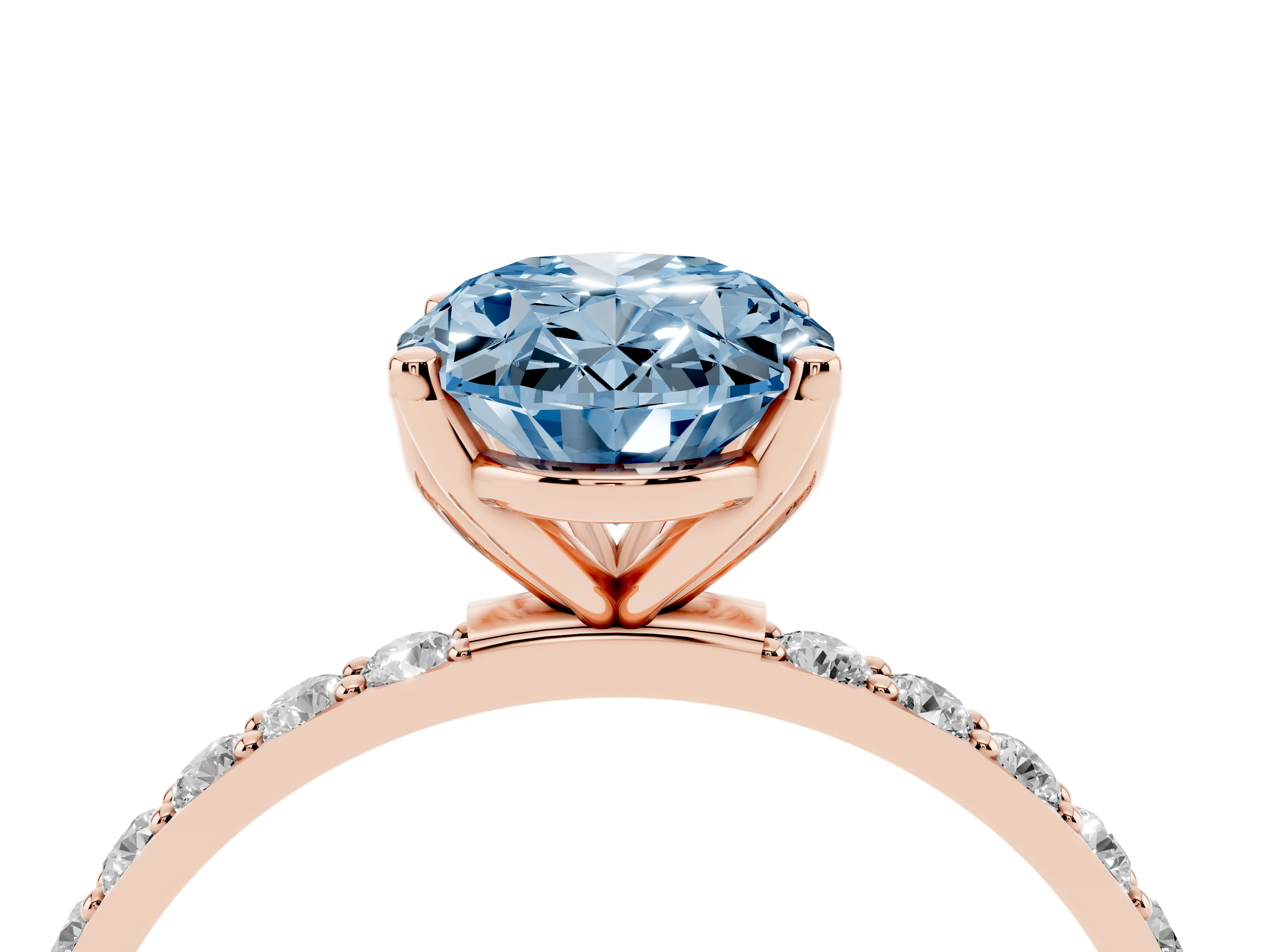 Fancy Blue Oval Cut Diamond Solitaire Engagement Ring Set in Rose gold with Round Pavé Band and Prong Setting