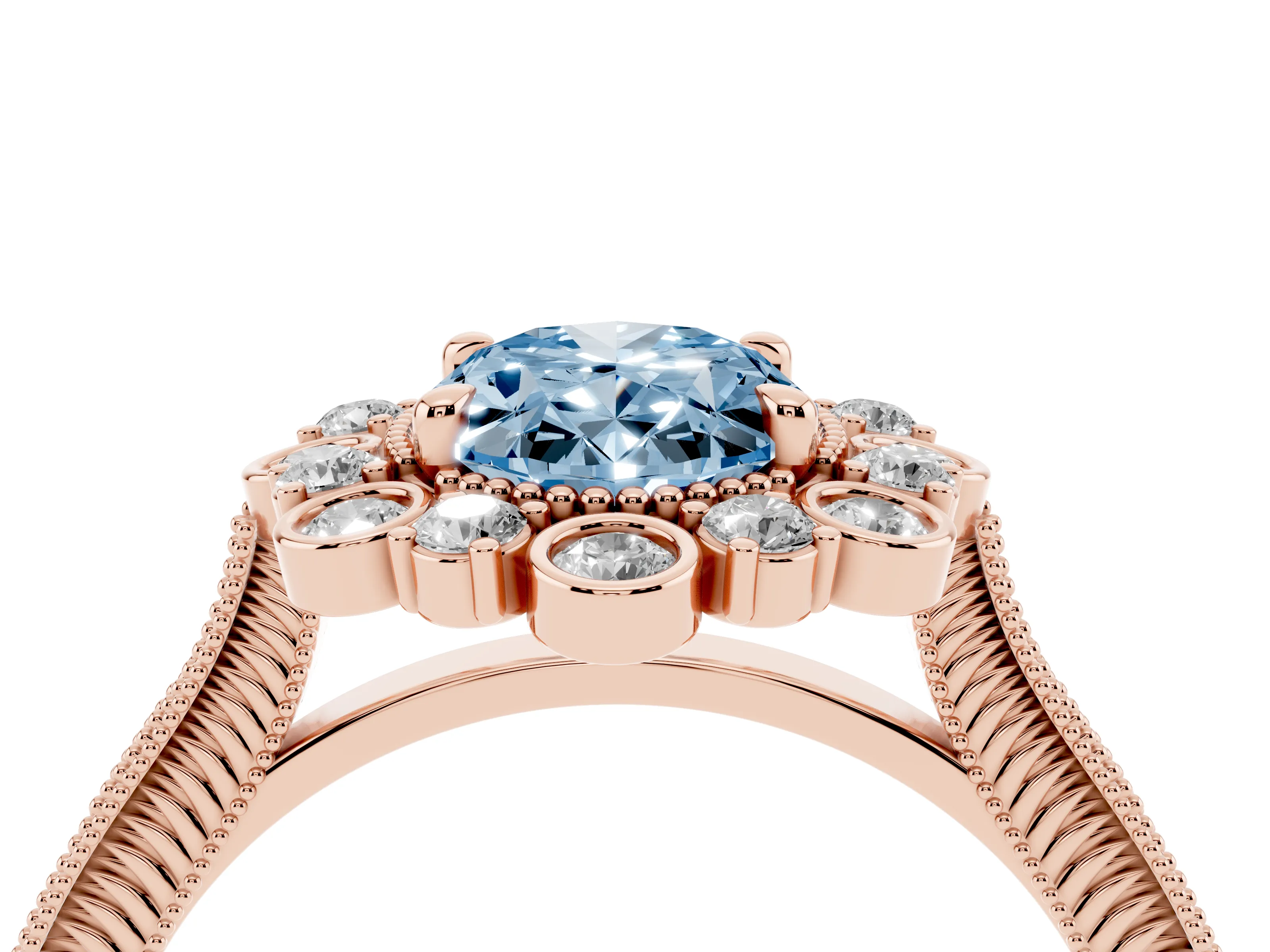 Fancy Blue Oval Cut Diamond Halo Milgrain Pavé Ring Set in Rose gold with Prong Setting