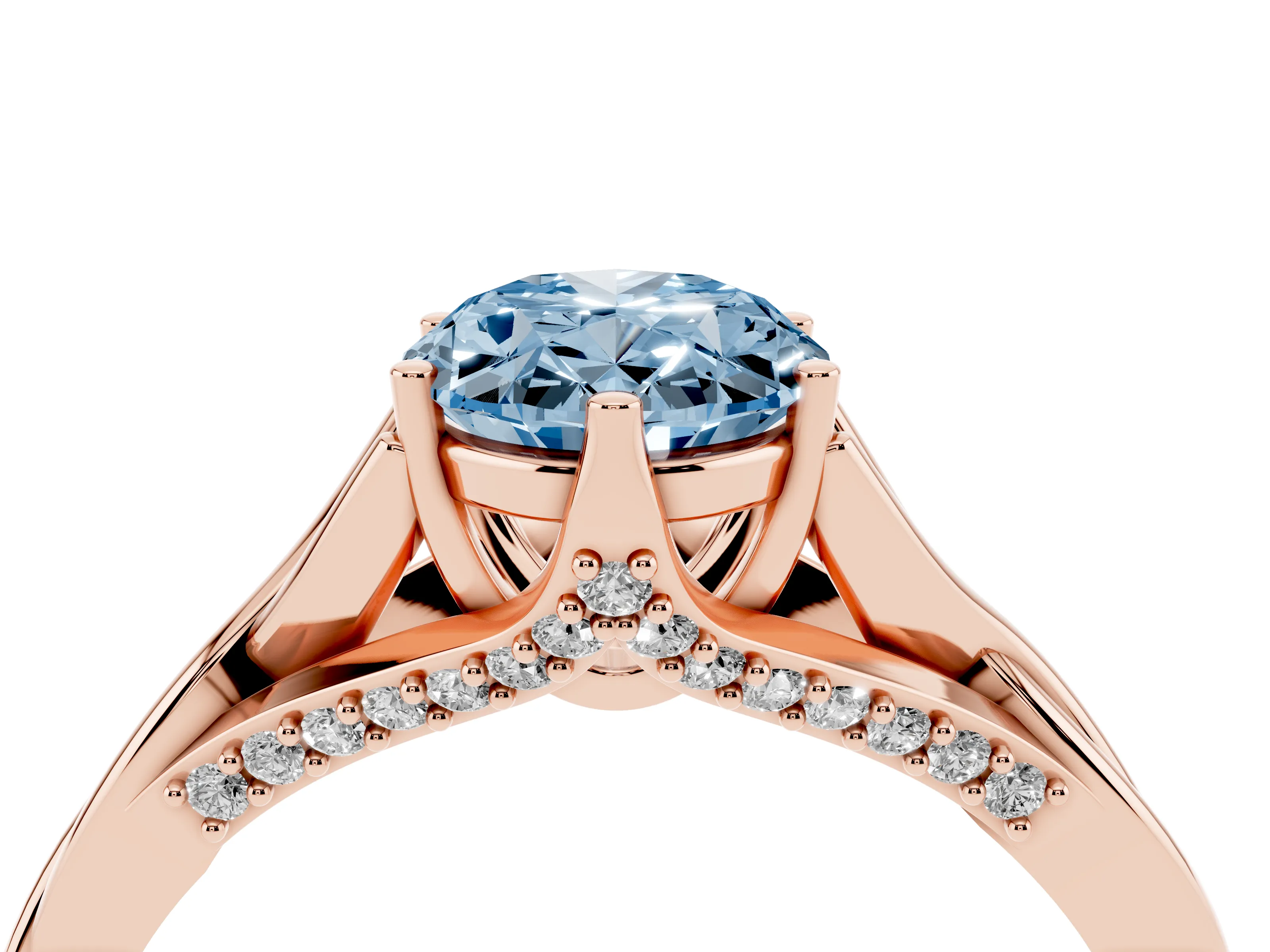 Fancy Blue Oval Cut Diamond Intertwined Twist Band Solitaire Ring Set in Rose gold with Prong Setting
