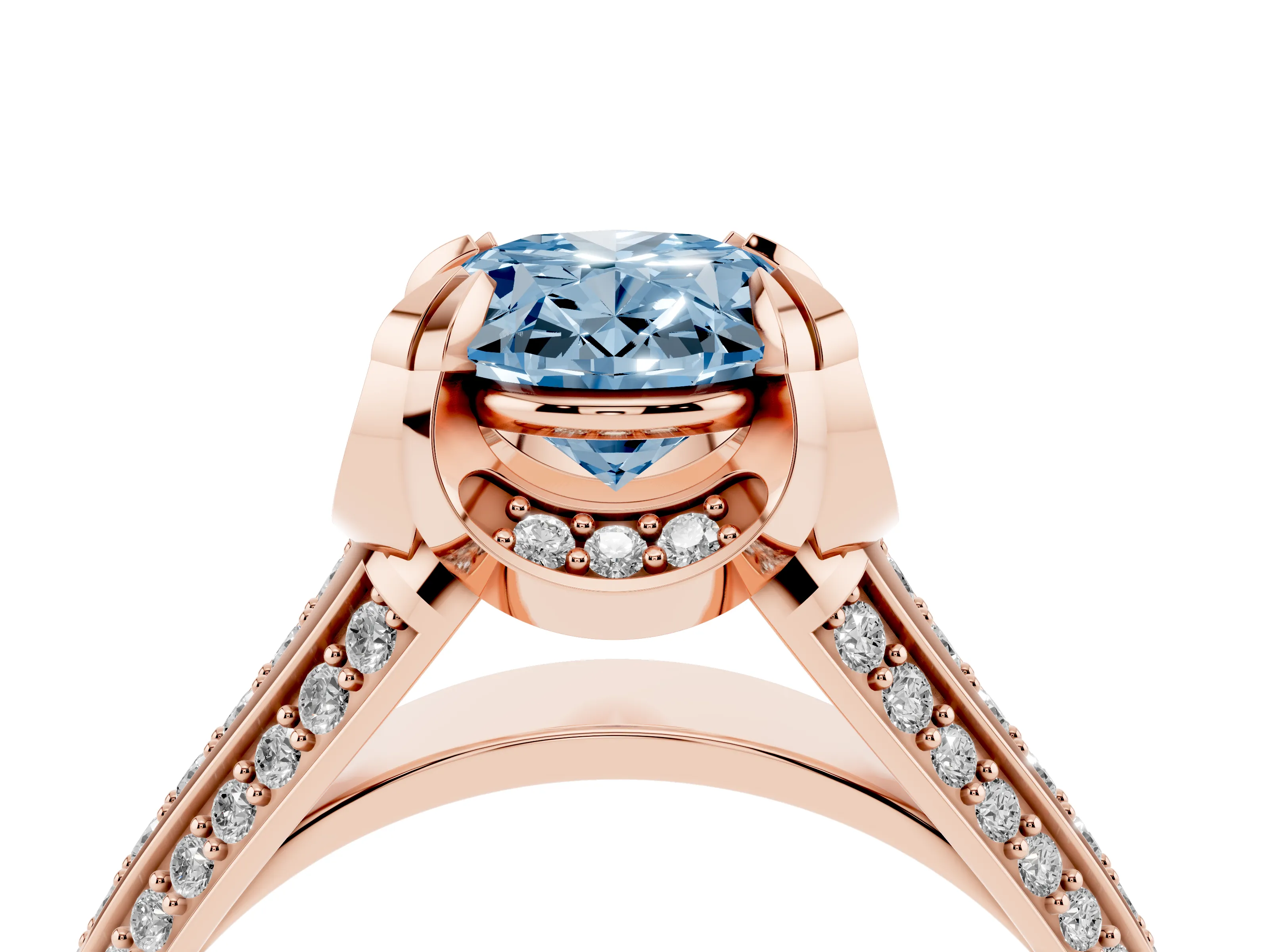 Fancy Blue Oval Cut Diamond Pavé Split Shank Solitaire Ring Set in Rose gold with Prong Setting