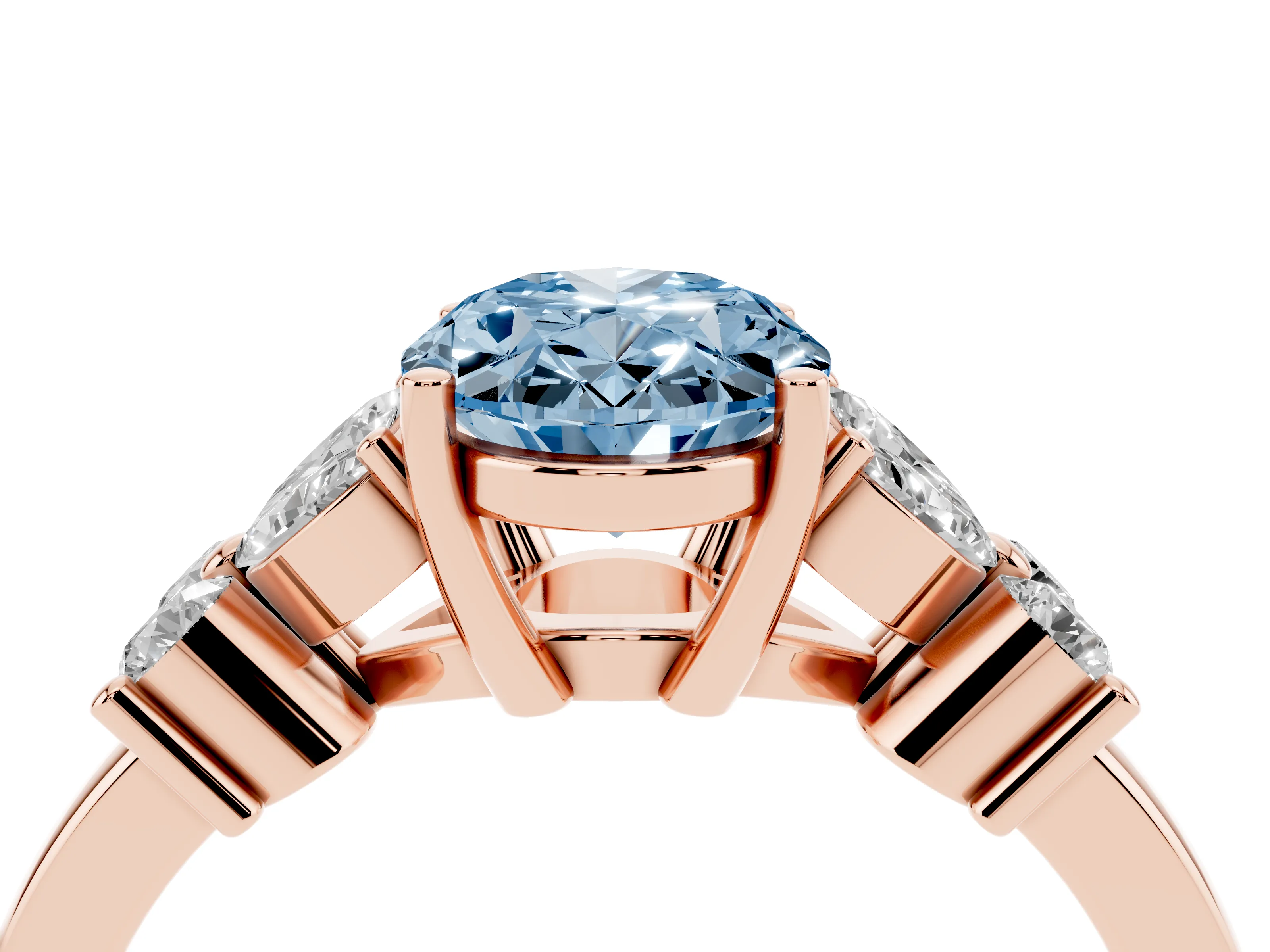 Fancy Blue Oval Cut Diamond Floral Cluster Ring Set in Rose gold with Marquise Petals and Prong Setting