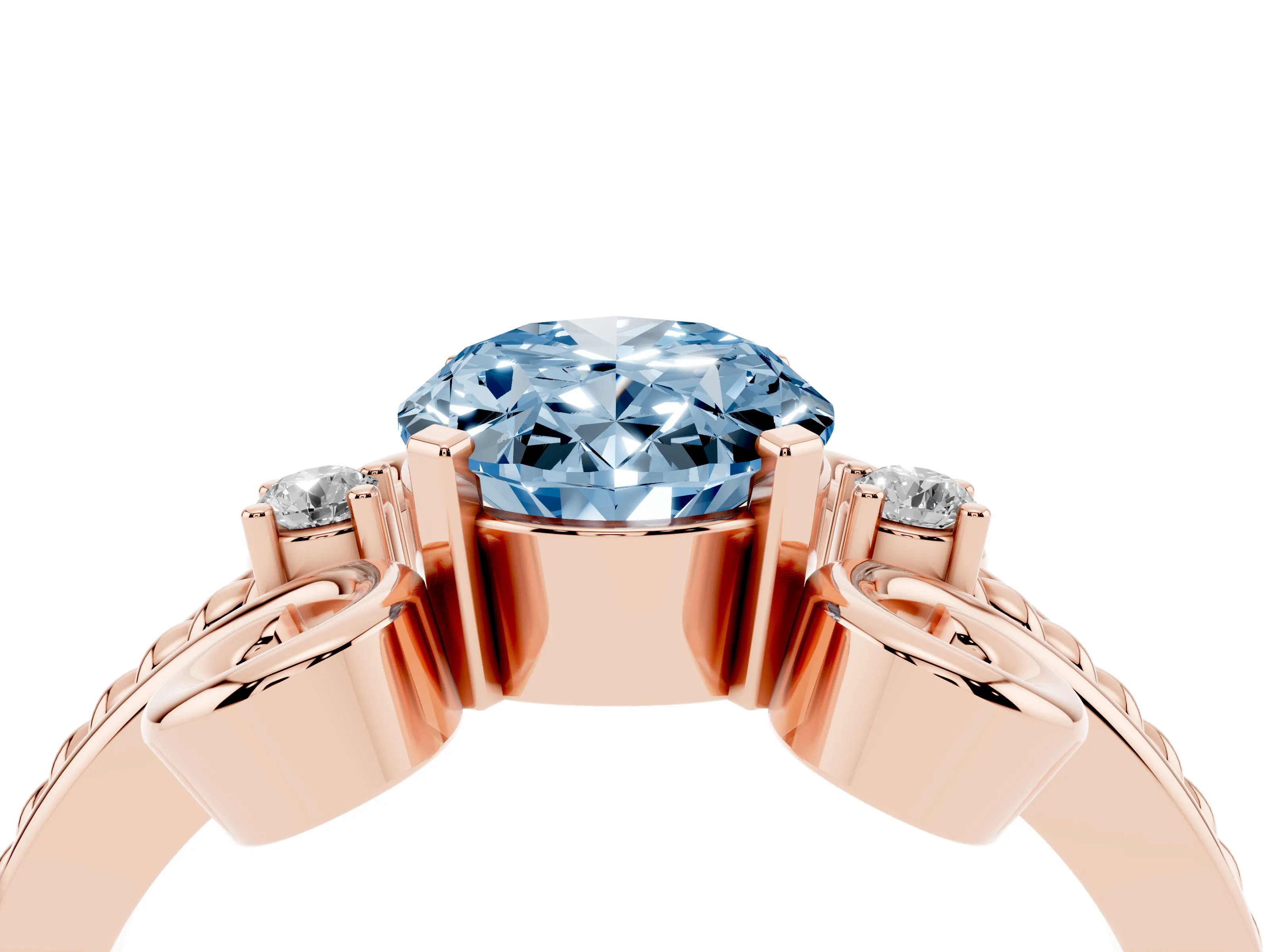 Fancy Blue Oval Cut Diamond Twisted Band Solitaire Ring Set in Rose gold with Scroll Prongs