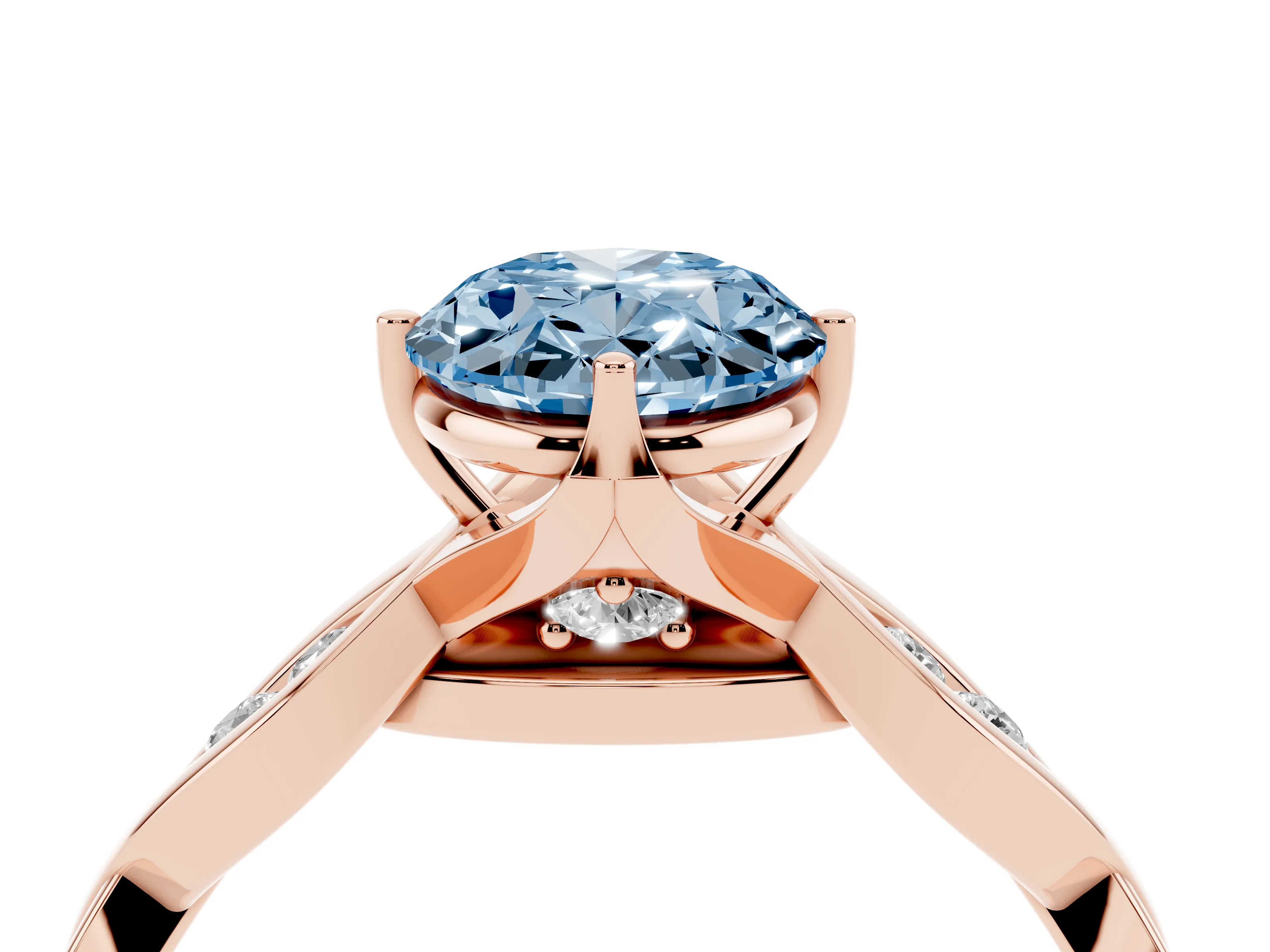 Fancy Blue Oval Cut Diamond Twist Band Solitaire Ring Set in Rose gold with Leaf Prong Setting and Accent Stones