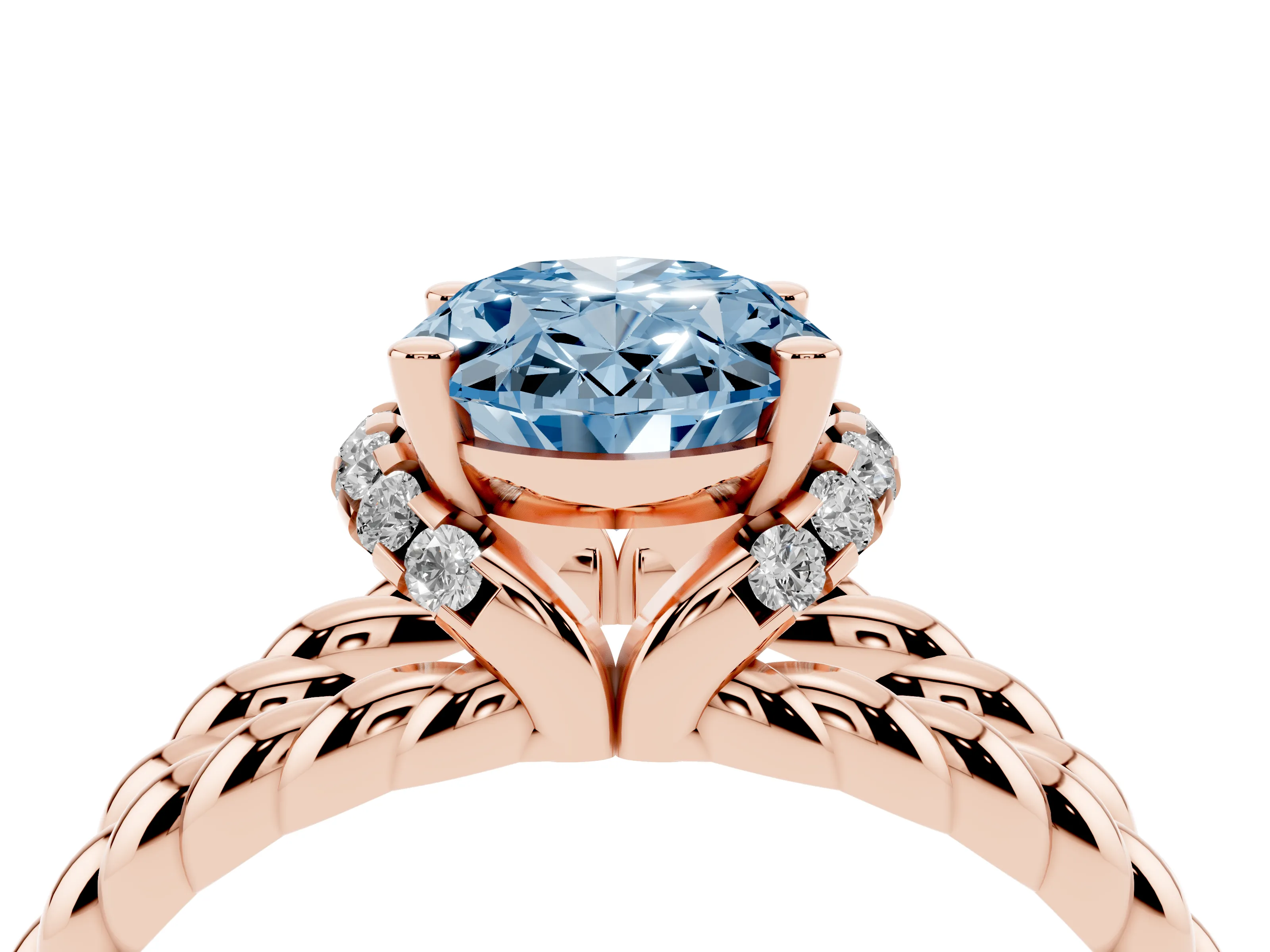 Fancy Blue Oval Cut Diamond Halo Ring Set in Rose gold with Twisted Band and Prong Setting