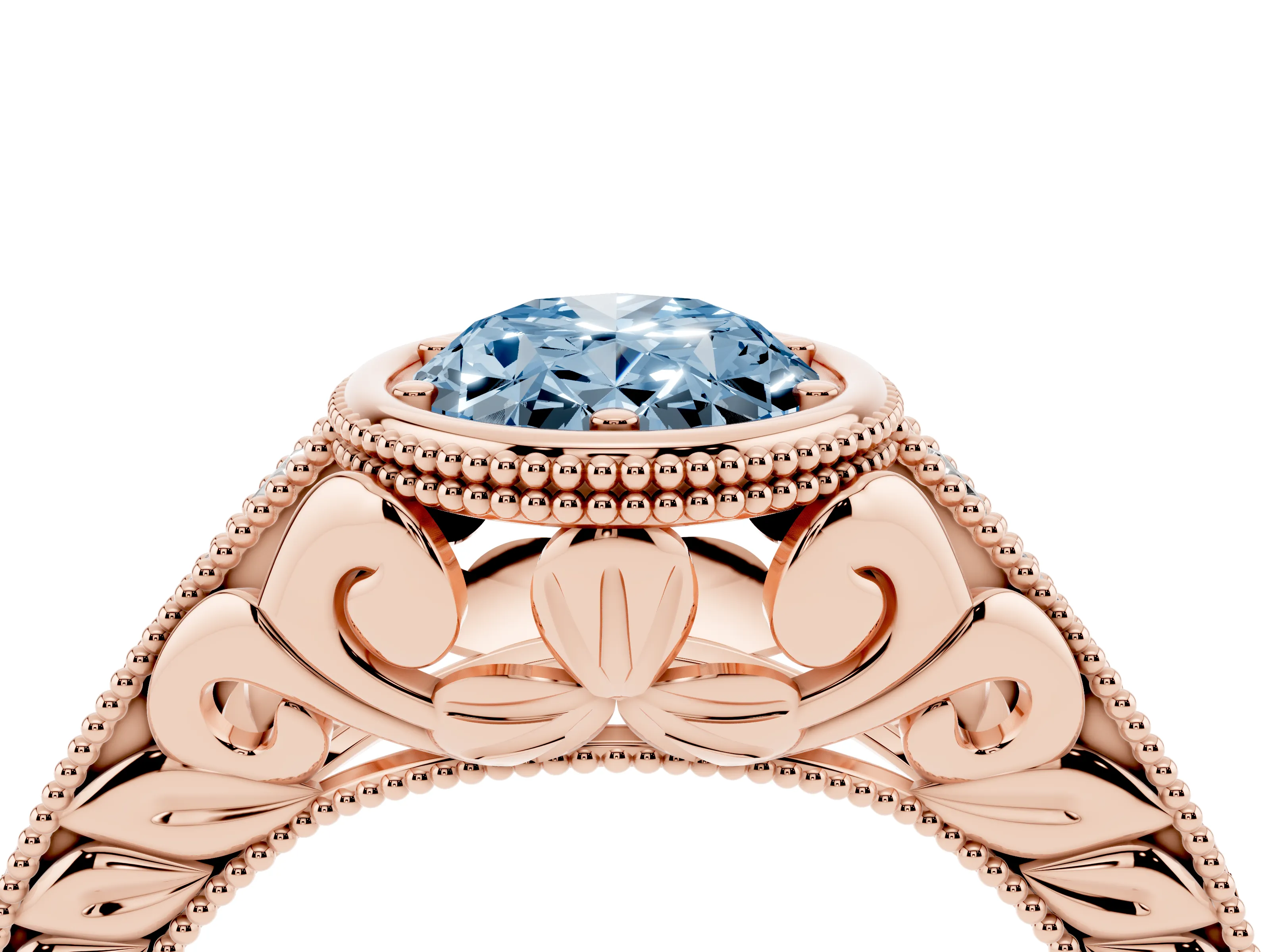 Fancy Blue Bezel Set Oval Cut Diamond Milgrain Pavé Engagement Ring Set in Rose gold
