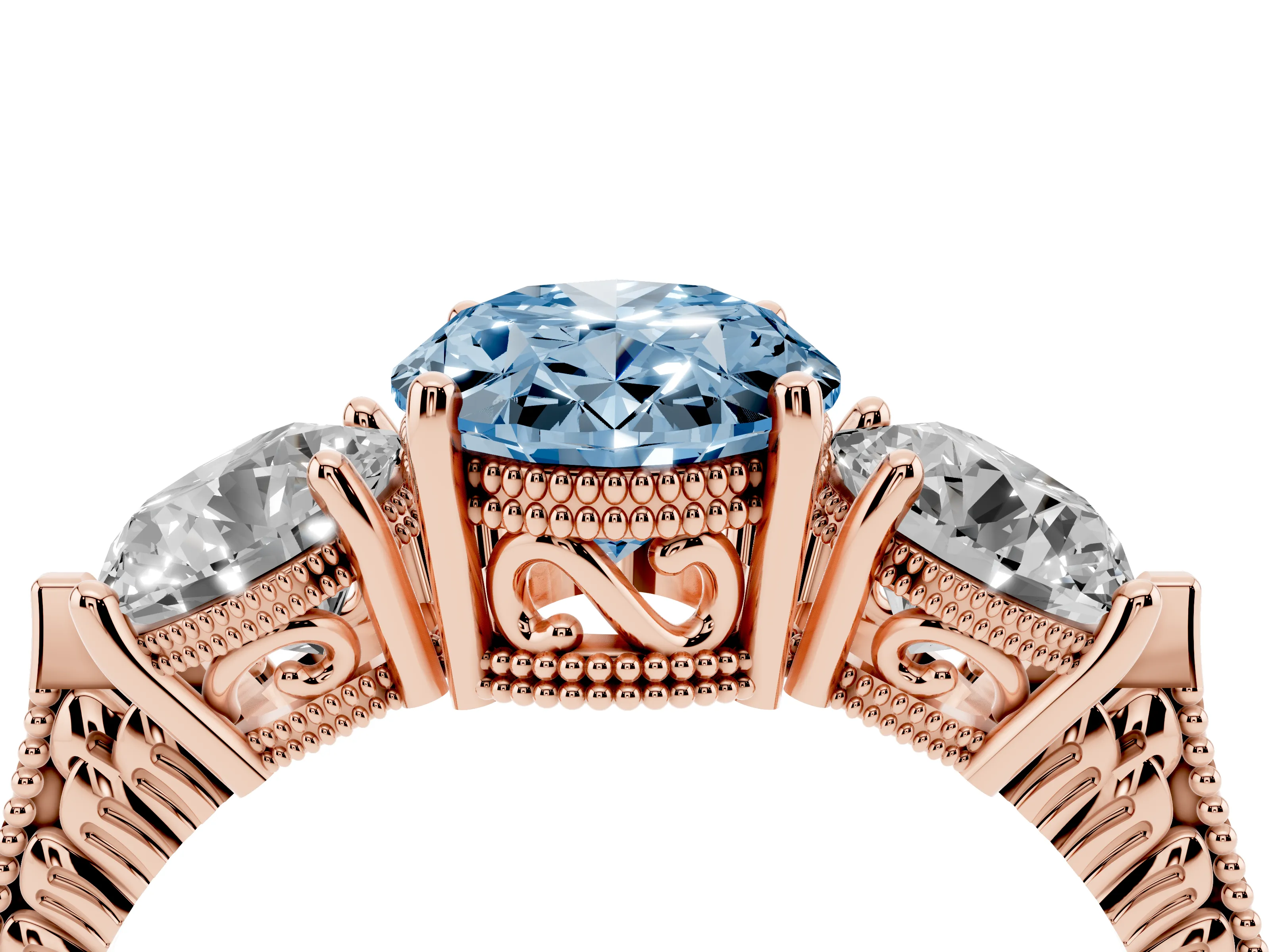 Fancy Blue Oval Cut Diamond Three-Stone Ring Set in Rose gold with Milgrain Band