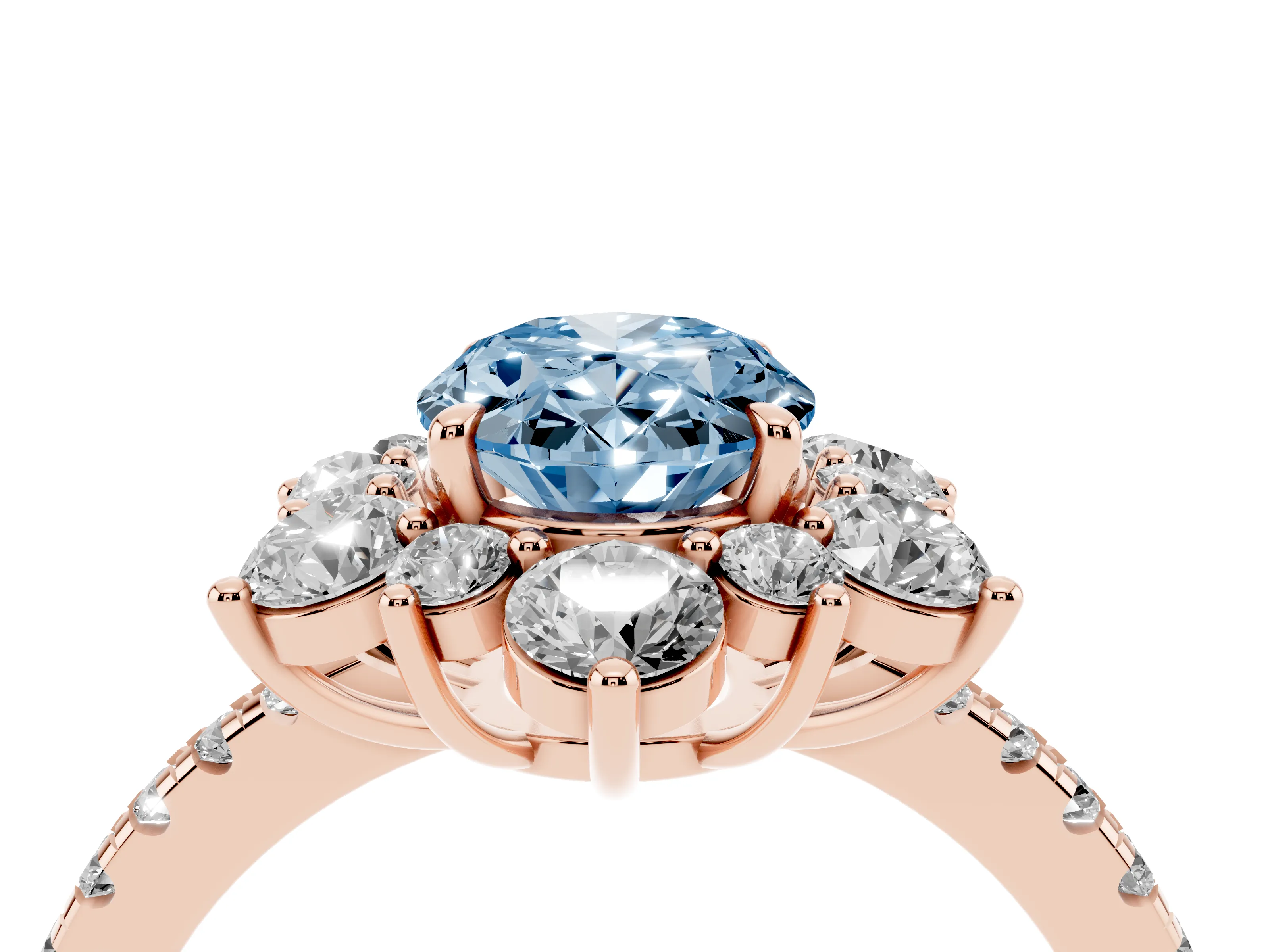 Fancy Blue Oval Cut Diamond Floral Halo Ring Set in Rose gold with Round Pavé Band and Prong Setting