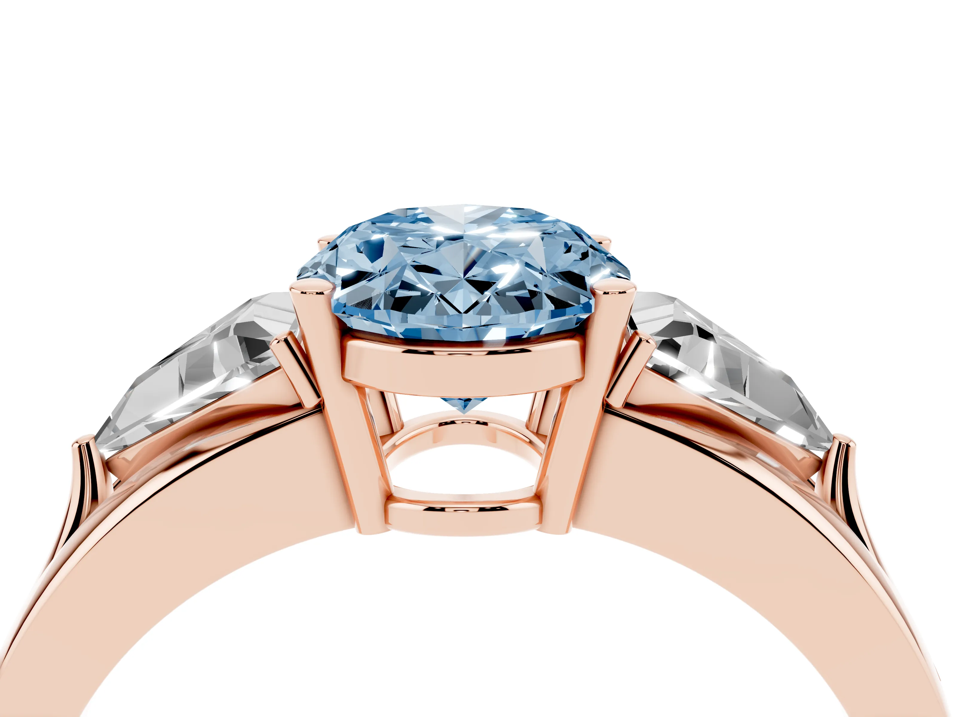 Fancy Blue Oval Cut Diamond Three-Stone Ring Set in Rose gold with Trillion Side Stones and Split Shank