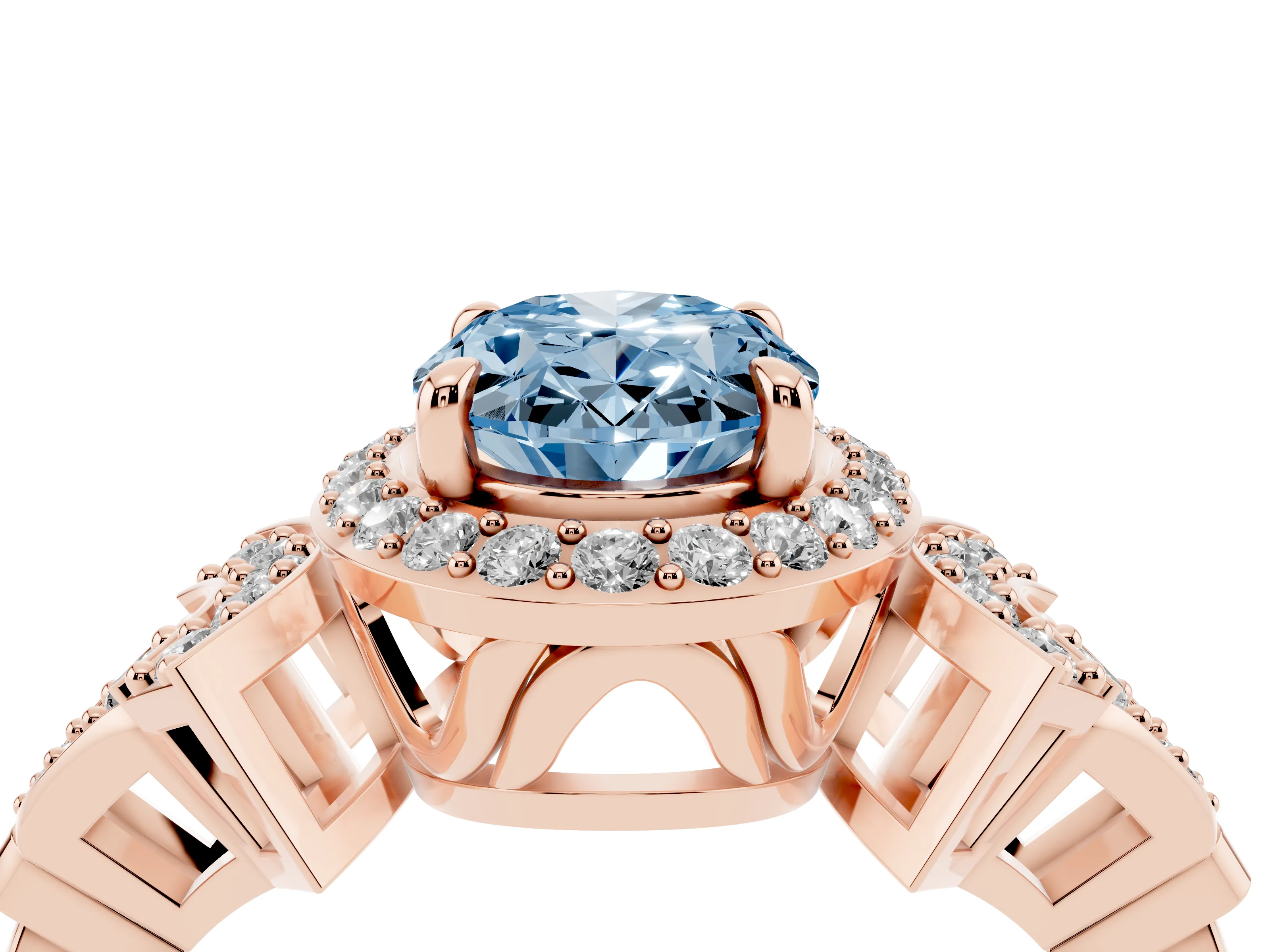 Fancy Blue Oval Cut Diamond Halo Engagement Ring Set in Rose gold with Accent Stone Split Shank