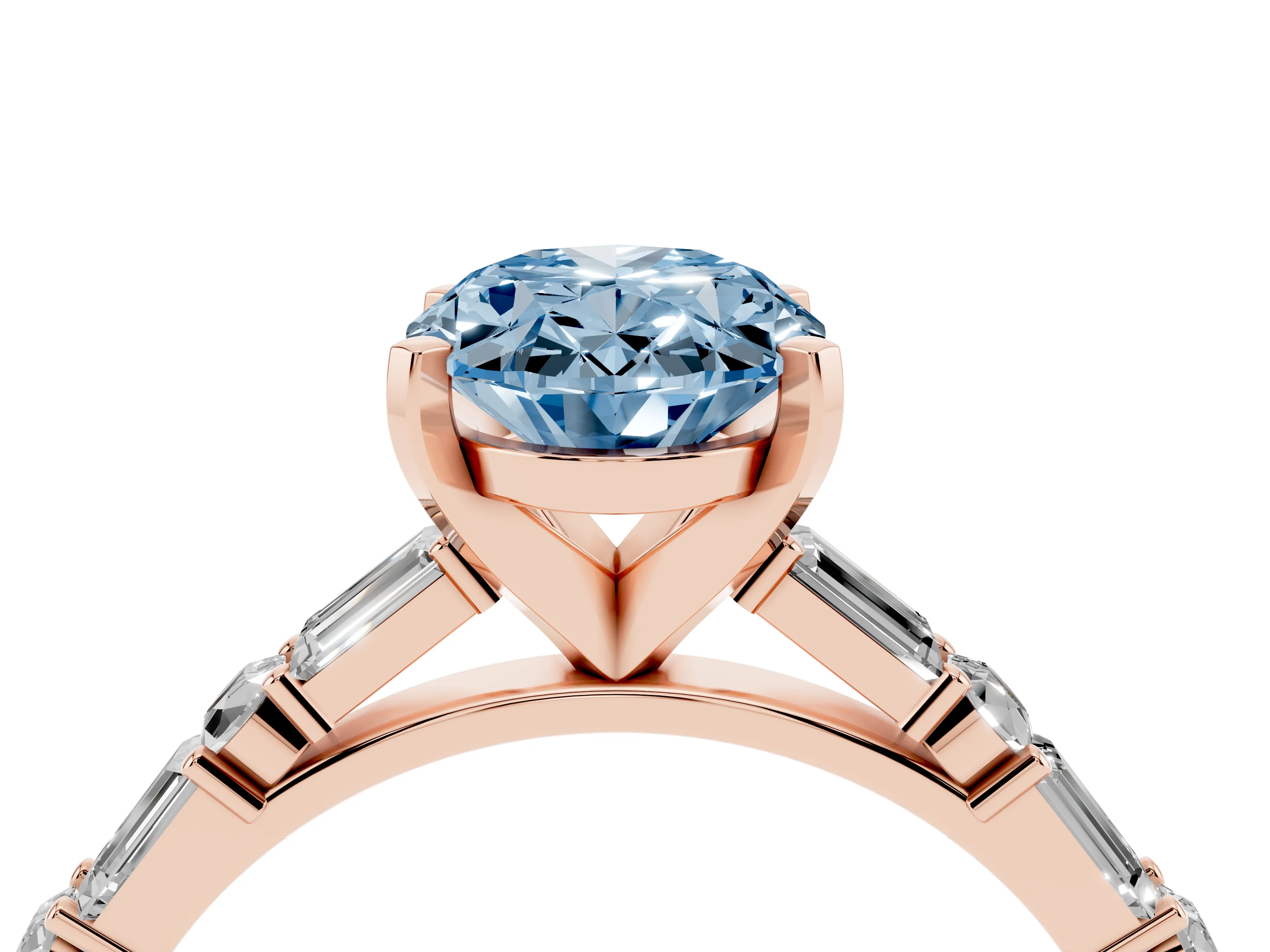 Fancy Blue Oval Cut Diamond Solitaire Set in Rose gold with Side Baguettes and Channel Set Band