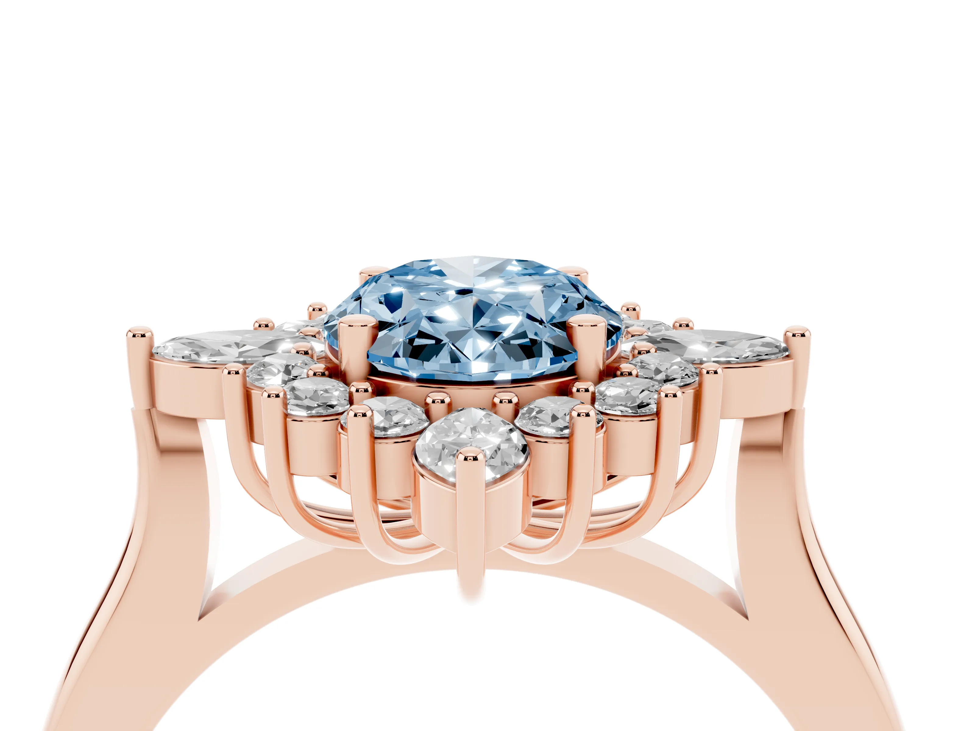 Fancy Blue Oval Cut Diamond Cluster Halo Ring Set in Rose gold with Marquise and Round Accents