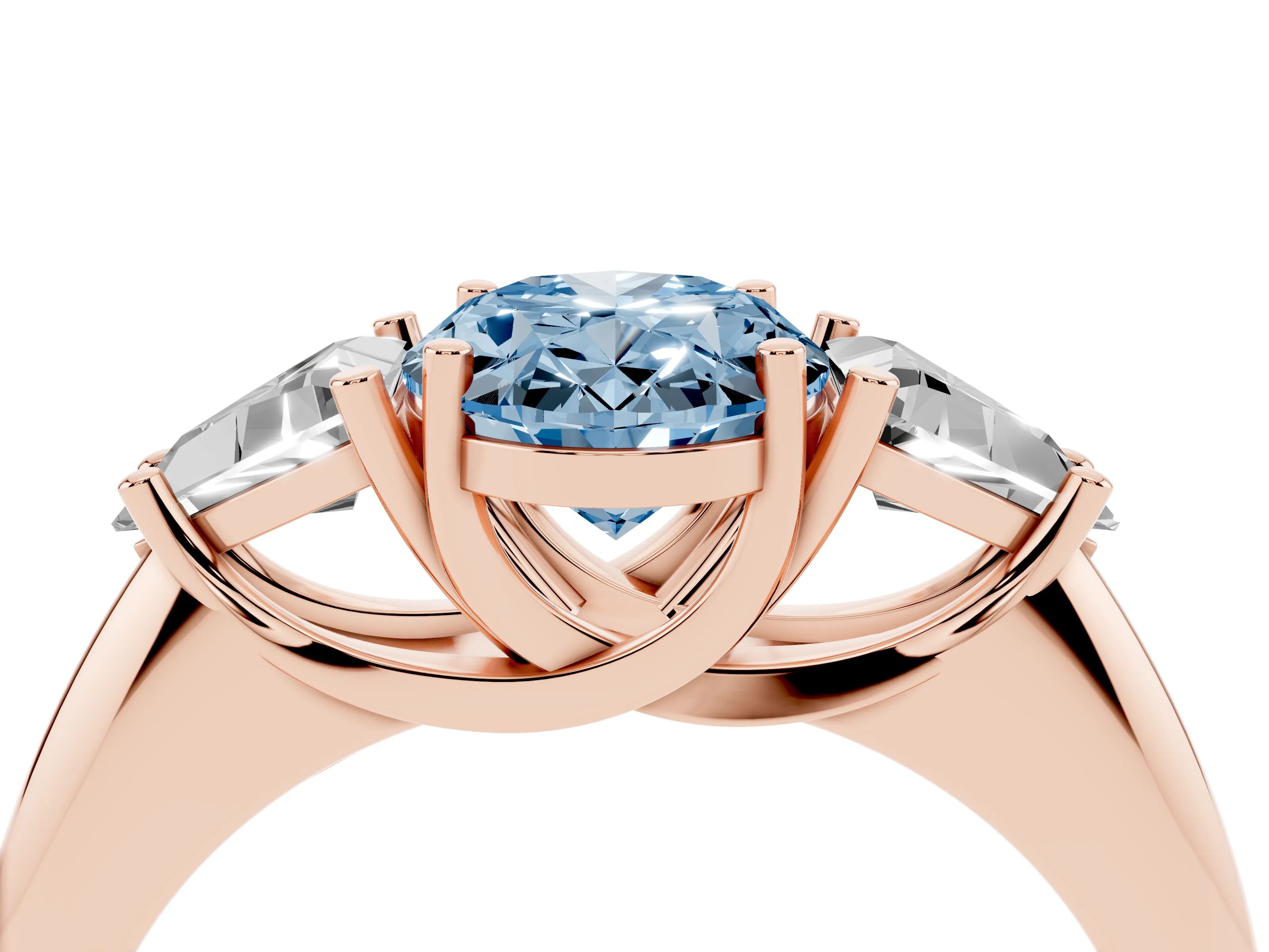 Fancy Blue Oval Cut Diamond Three-Stone Engagement Ring Set in Rose gold with Trillion Side Stones
