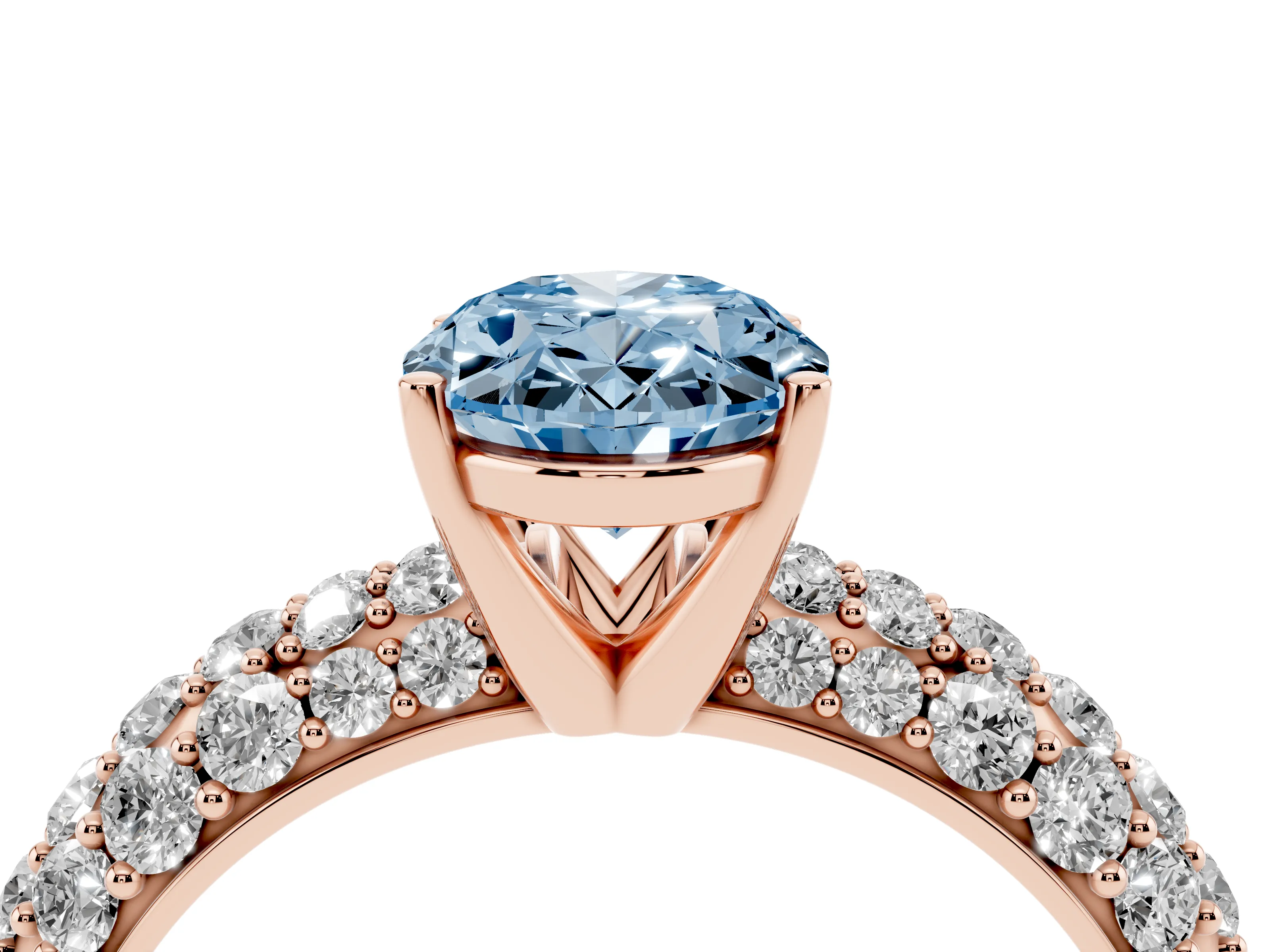 Fancy Blue Oval Cut Diamond Pavé Band Solitaire Ring Set in Rose gold with Close-Set Accent Stones and Prong Setting
